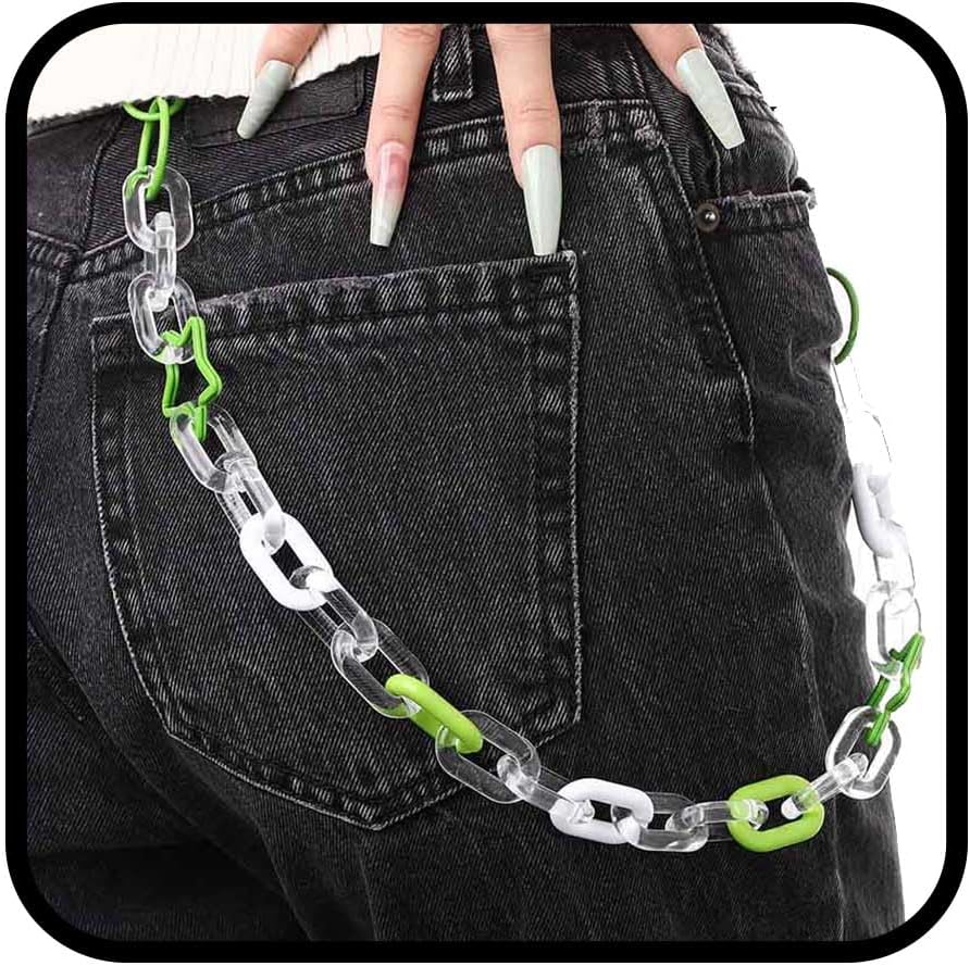 Bounzhi Cute Acrylic Pants Jean Chain Layered Keychain Punk Colorful Pendants Heart Pocket Trousers Chain Hiphop Rock Wallet Chains for Men and Women