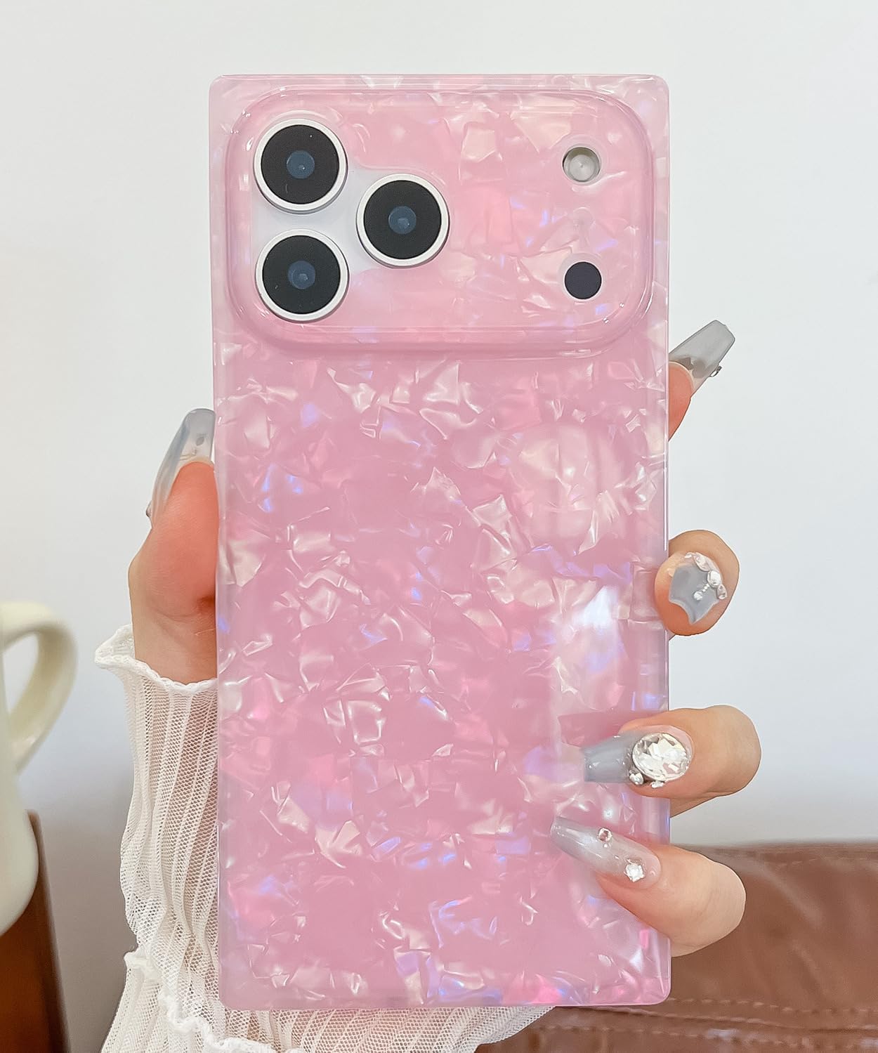 Compatible with iPhone 17 Case Rectangle for Women,Luxury Sparkle Colorful Shell Protective Soft Slim Girly Cover Designed for 17-6.3 inch (Pink Shell) image 5