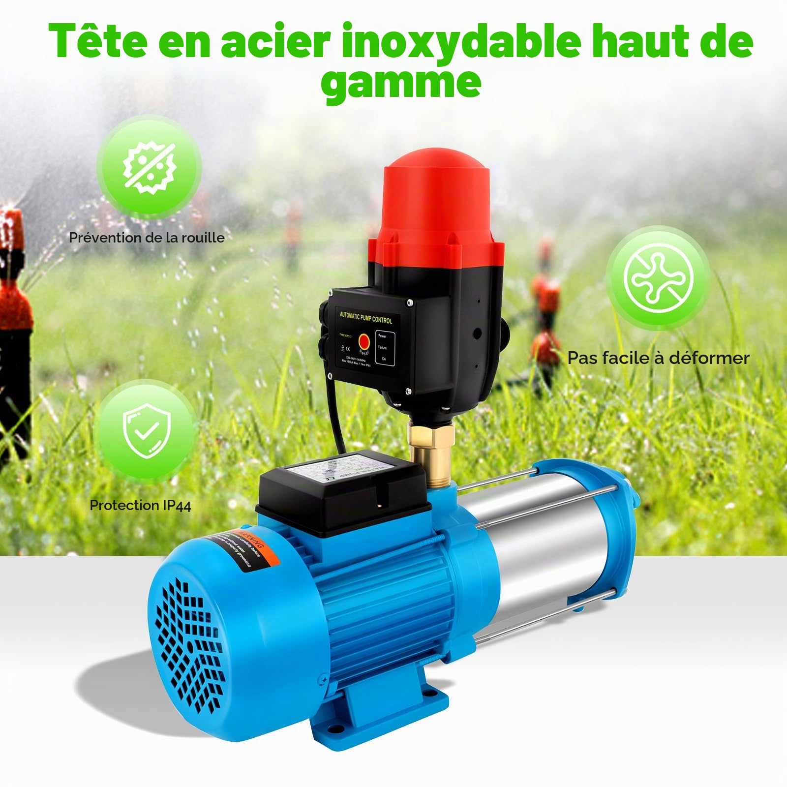 Pompe centrifuge de jardin 1300 W - Pompe à jet professionnelle avec interrupteur à pression - Pour arrosage des fermes, des étangs, des étangs - Classe de protection IP44 - Débit maximal