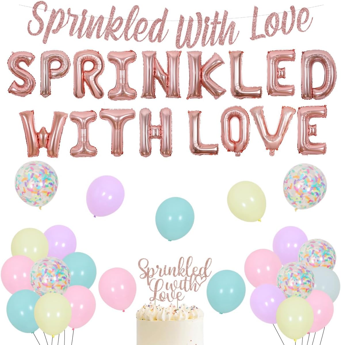 Baby Sprinkle Decorations for Girls, Sprinkled With Love Banner Cake Topper Balloons, Rose Gold Gender Reveal Baby Shower Party Supplies