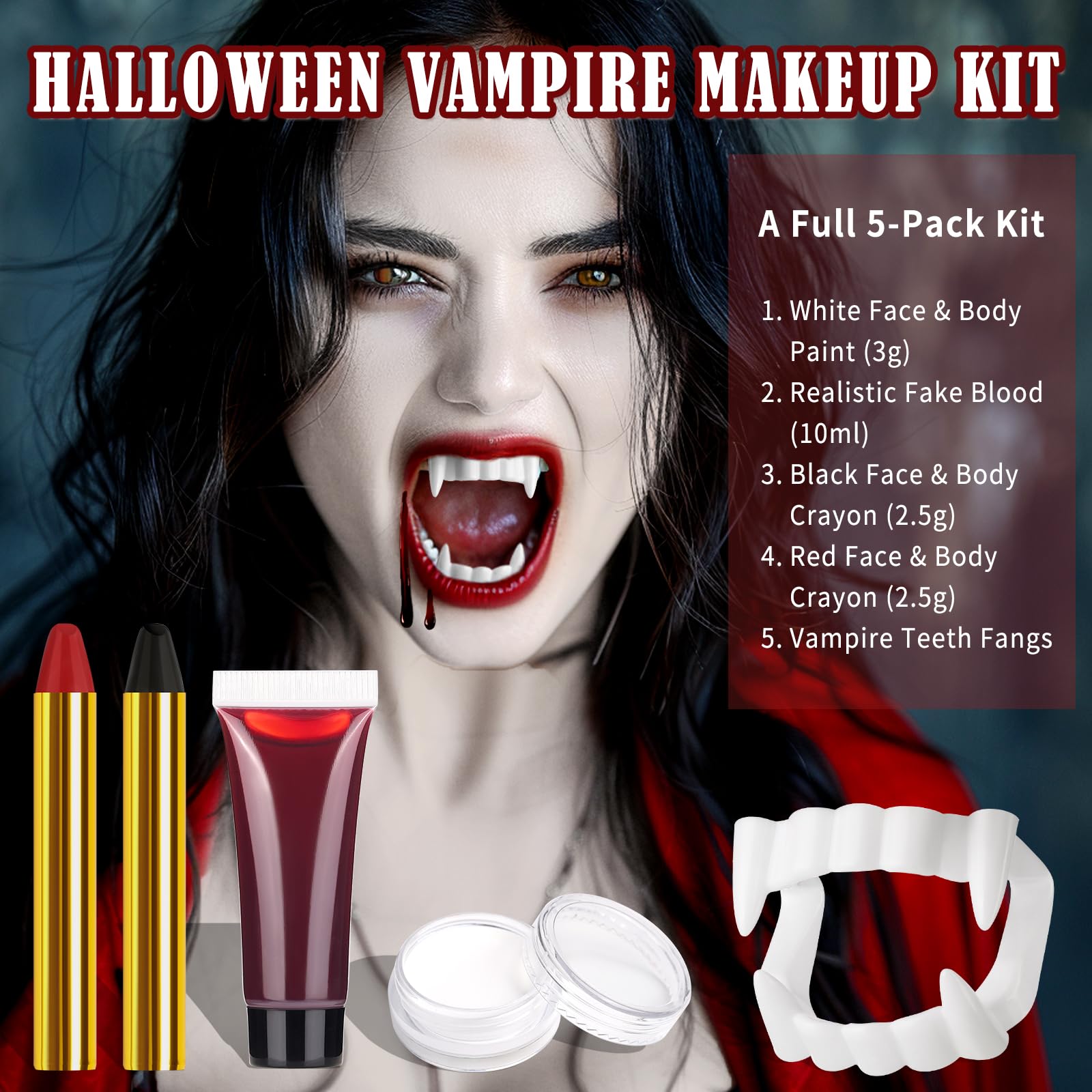 Kit de maquillaje de vampiro de Halloween con pintura blanca para cara y cuerpo, sangre falsa, lápiz de pintura facial negra y roja y dientes falsos SFX juego de maquillaje para heridas 2
