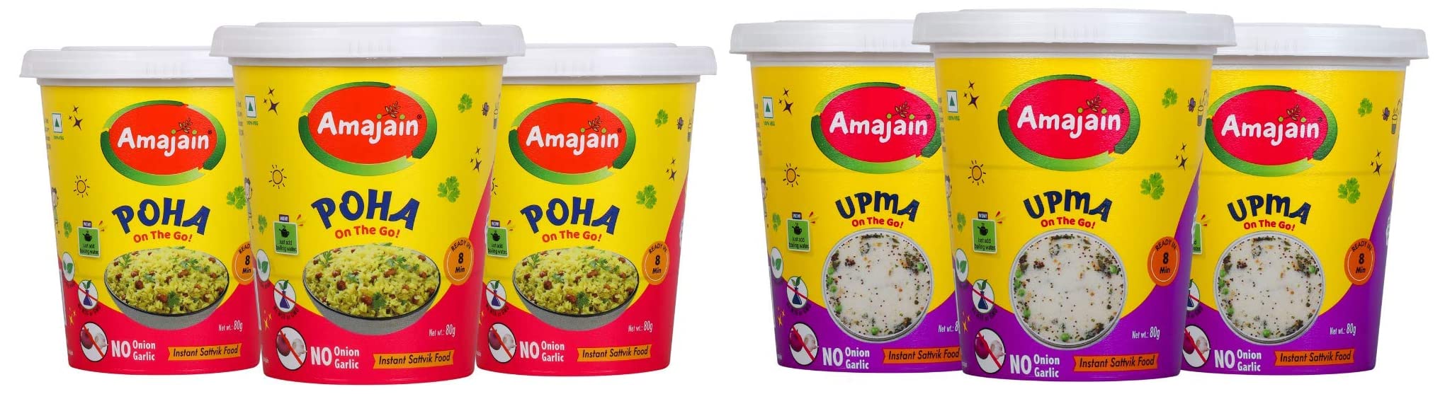 Amajain Instant Sattvik Poha 70g Pack of 3 Ready to Eat Jain Friendly No Preservatives and Amajain Instant Sattvik Upma 70g Pack of 3 Ready to Eat Jain Friendly No Preservatives