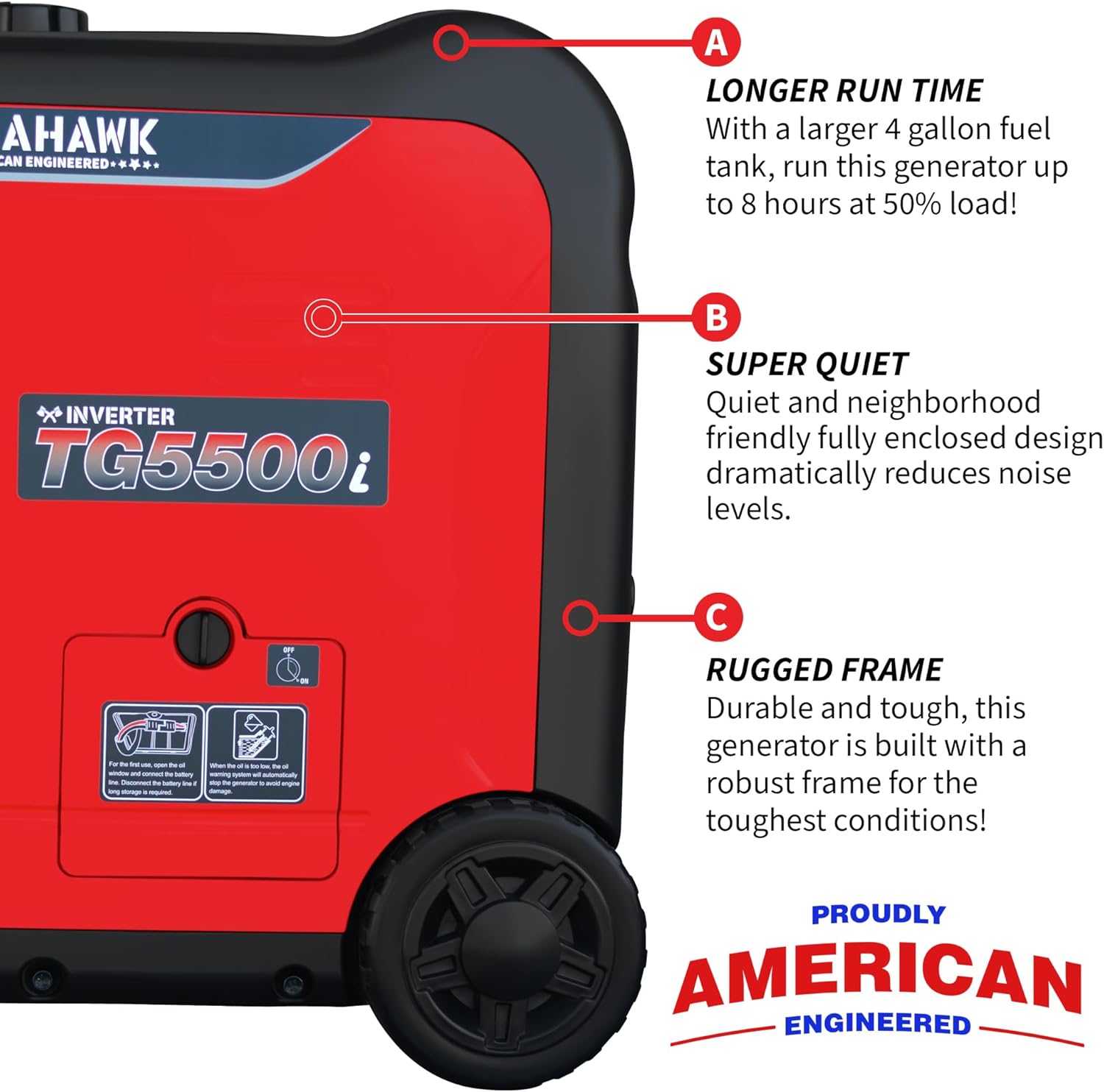 TOMAHAWK 5500 Watt Inverter Generator Super Quiet Portable Power For Residential Home Use 120V and USB Outlet Panel