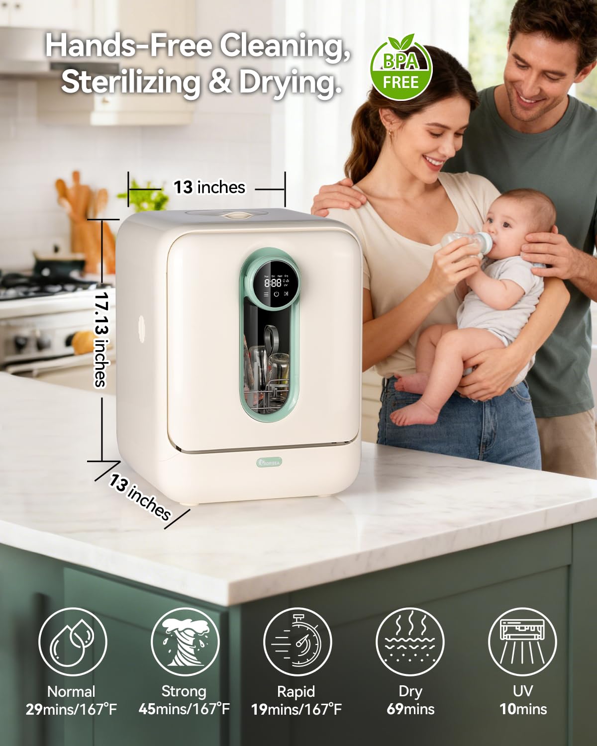 IAGREEA Baby Bottle Washer with dimensions labeled: 13 inches depth, 13 inches width, 17.13 inches height.