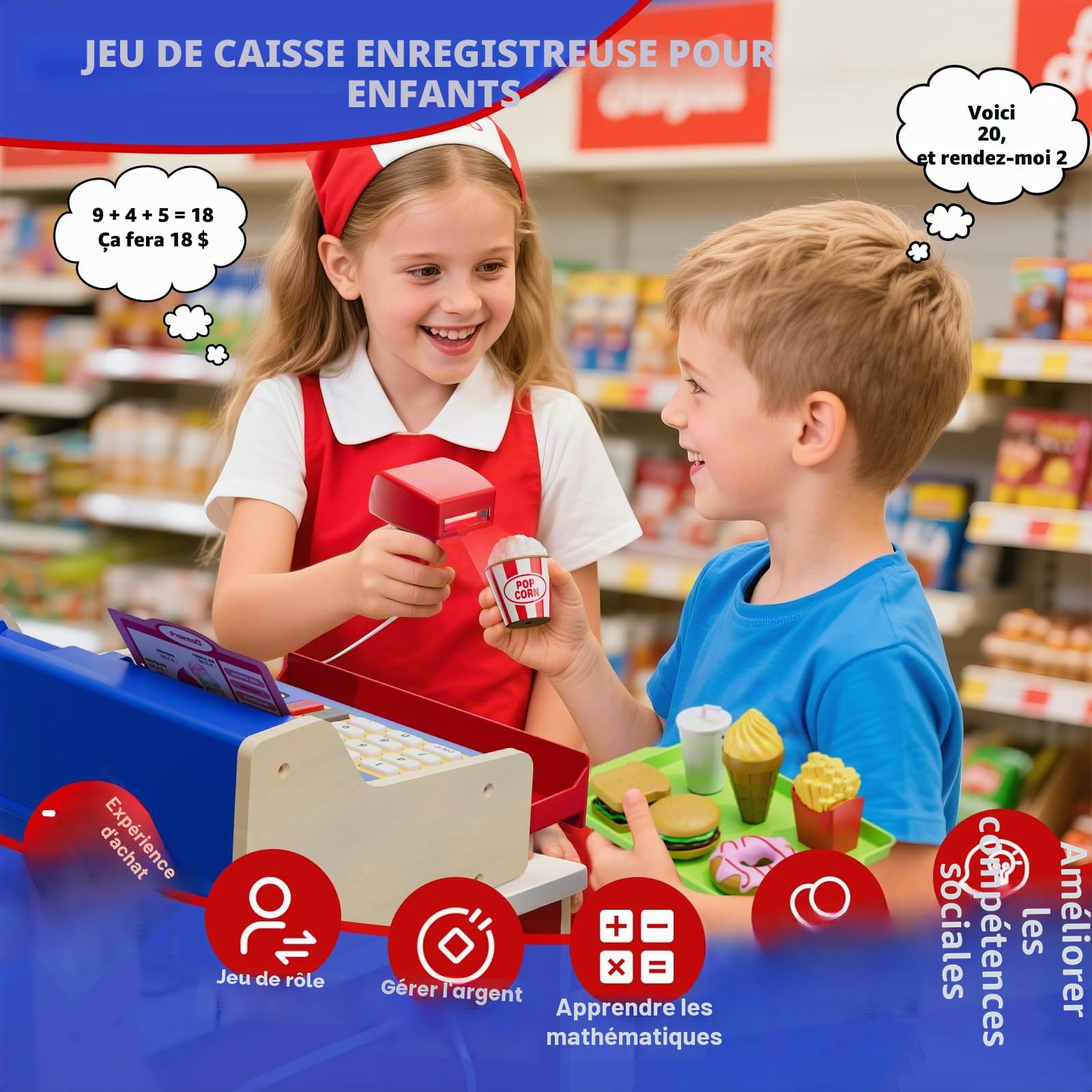 HYES Caisse Enregistreuse en Bois pour Enfants avec Scanner