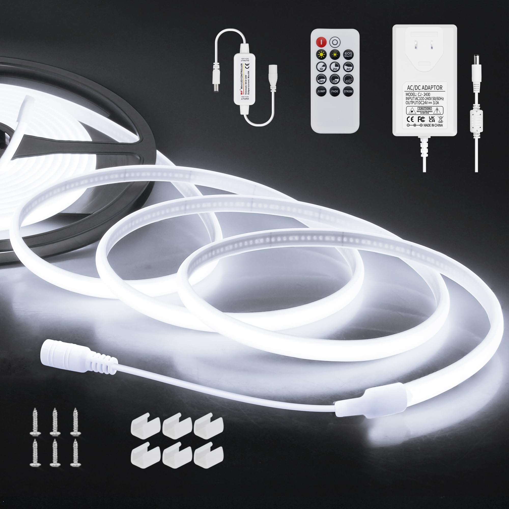 ALITOVE Striscia LED COB da 5 m, luce bianca fredda, 6000 K, 24 V, con telecomando e alimentatore di rete, flessibile, 320 LED/M, impermeabile, per giardino, festival, decorazione della casa