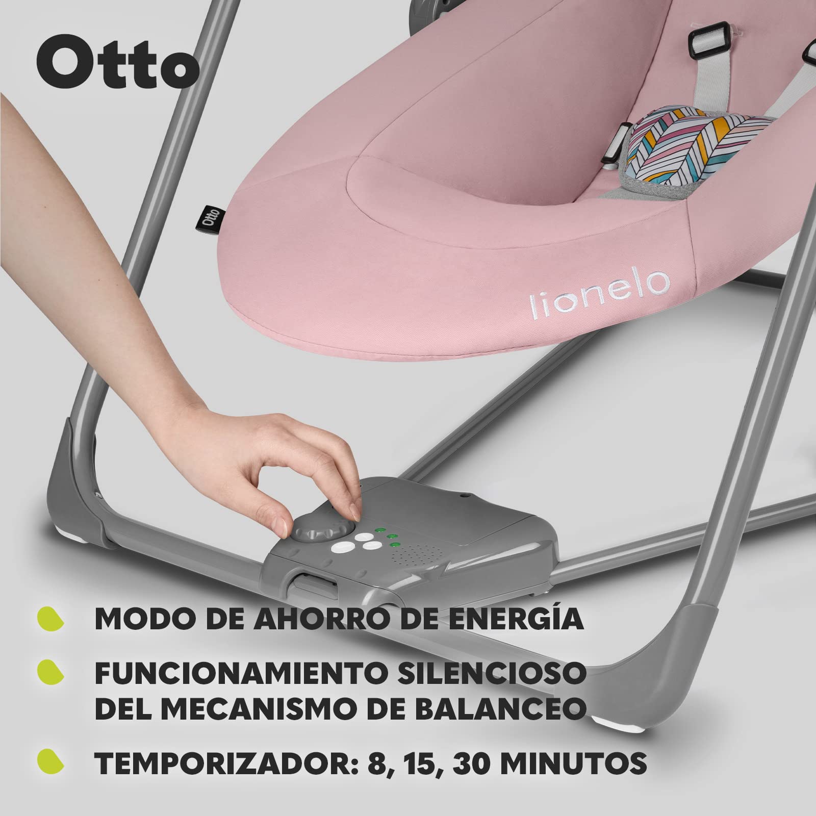 LIONELO Otto Columpio portátil para bebés hasta 9 kg, 5 velocidades de balanceo, Sistema de Cinturones de Seguridad, Fácil Montaje, Arco de Juguetes interactivos Ajustable Gris (Gris)