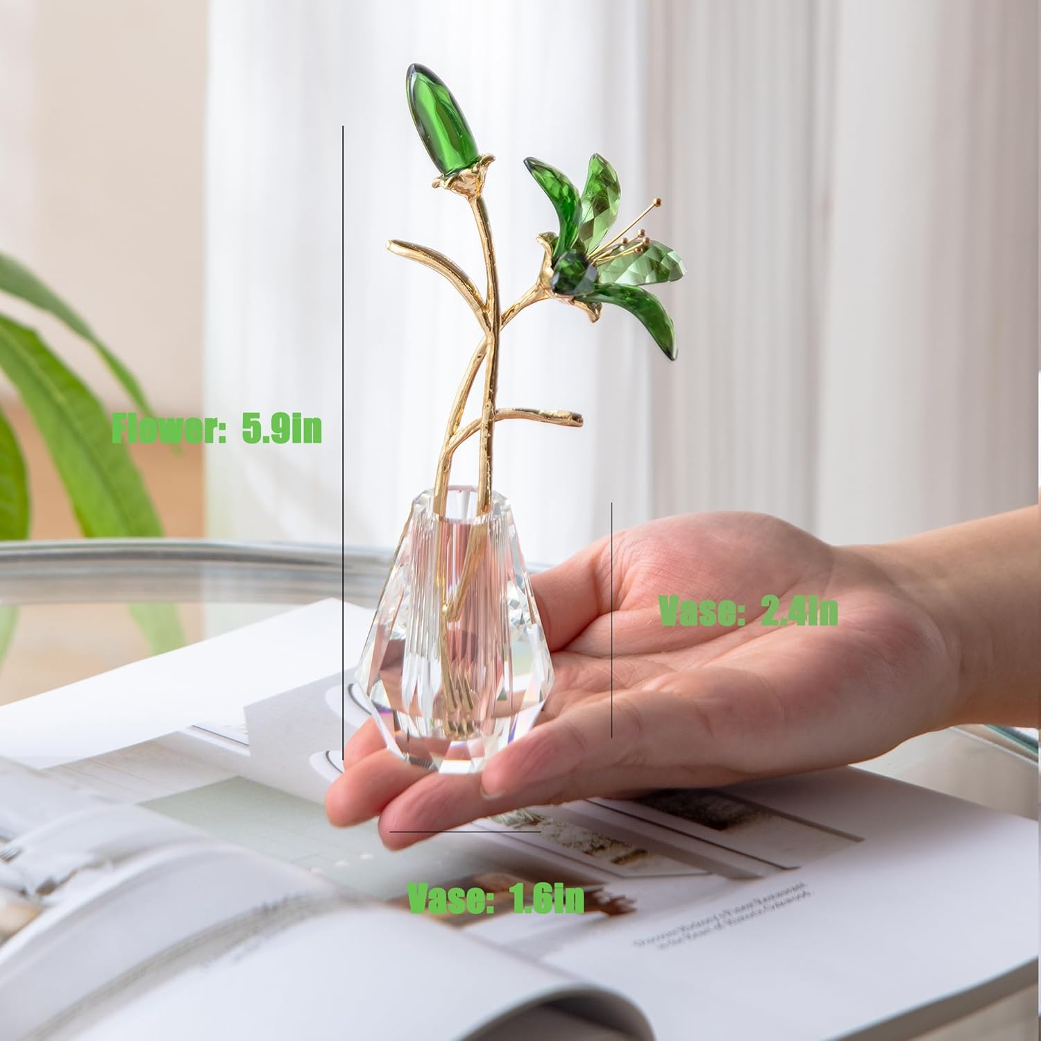 Crystal Lily Artificial Flower Decor Figurine with Vase,Crystal Vase for Flower ，Sunshine Catcher, Home Decor Ornament，Suitable for Bedroom and Living Room Decoration（Green-with Gift Box）