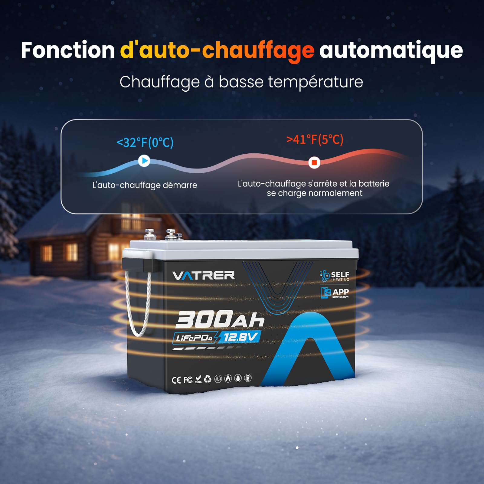 VATRER POWER Batterie LiFePO4 12V 300Ah Chauffante Bluetooth BMS 200A