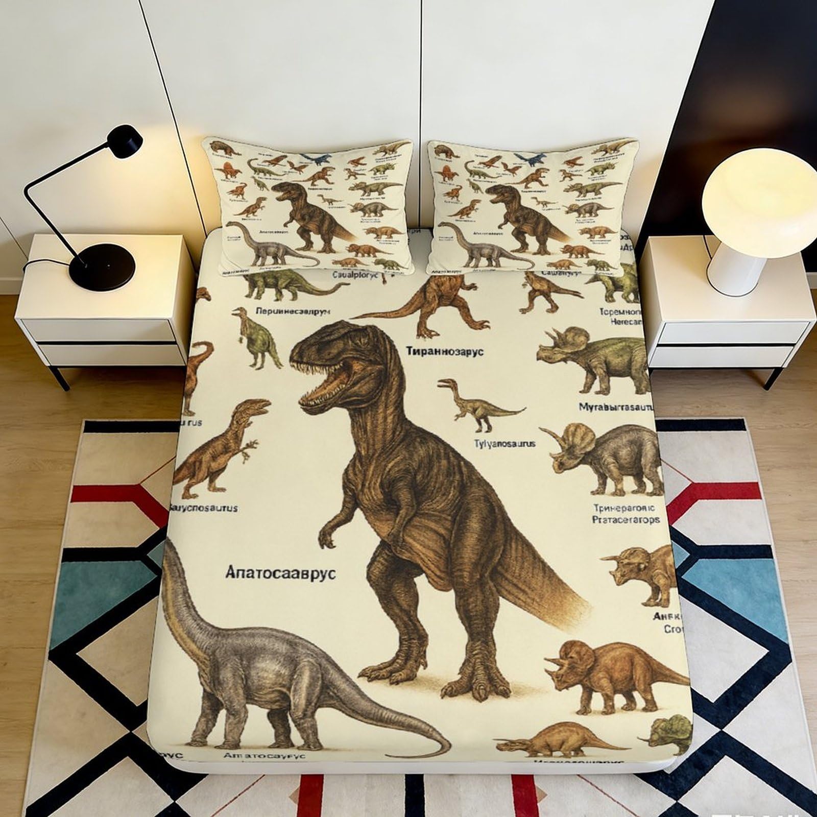 3D Printed Dinosaur Fitted Sheet Microfiber Soft Breathable Jurassic Animal Bed Sheet for Bedroom Guestroom Mattress Decor 90x200x25cm