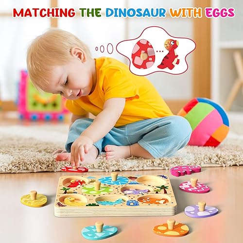 Miniatura 2 de Rompecabezas de madera para niños pequeños, 8 piezas de dinosaurio a juego, juguetes Montessori para niños y niñas, regalos de cumpleaños de Pascua,