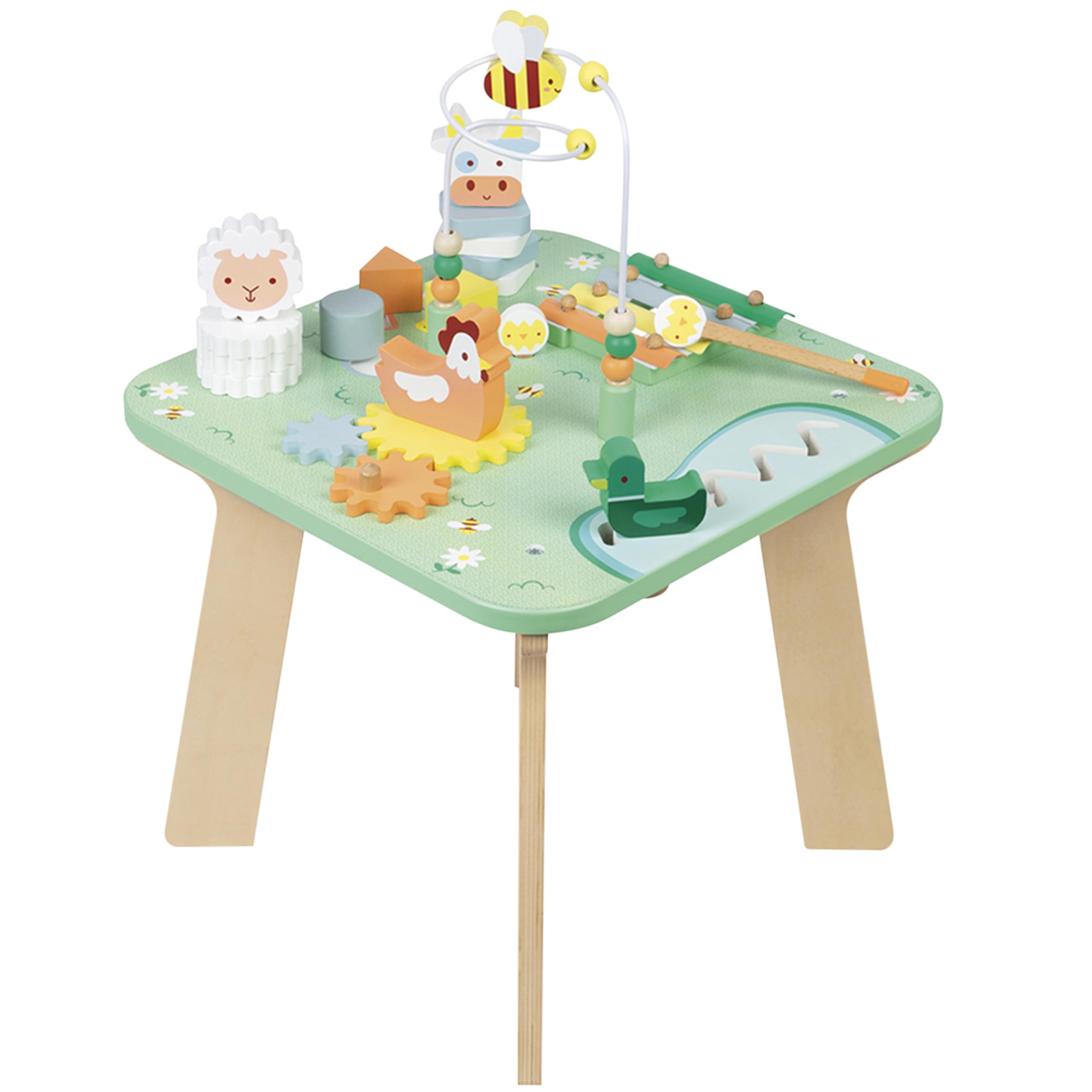 Janod - Jolie Prairie Activity Table - 7 Babyhood Activities - Multi-Game Wooden Table, Farm Theme - Fine Motor Skills Development and Musical Awakening - Water Based Paint - from 1 Year Old, J05327