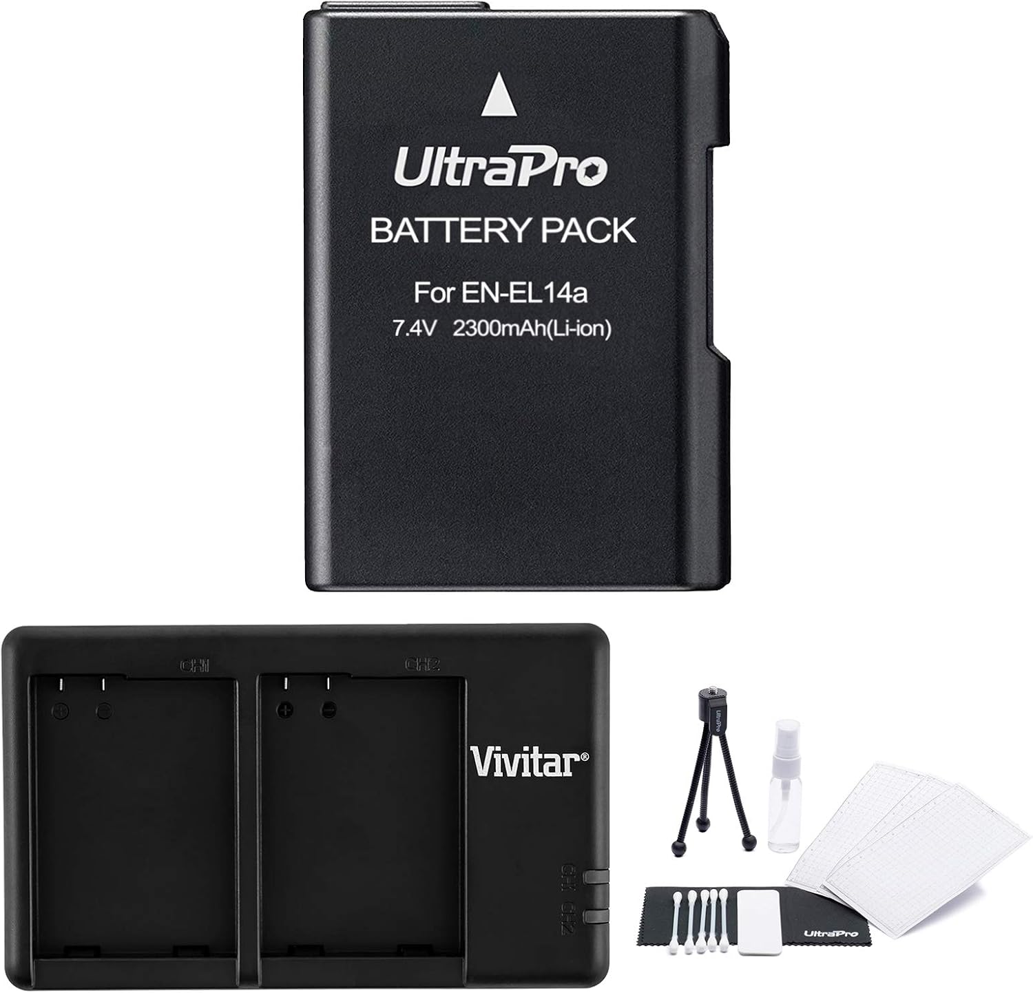 UltraPro EN-EL14 / EN-EL14A / EN-EL14A+ High-Capacity Replacement Battery w/Rapid Dual Charger for Select Nikon Digital Cameras Accessory Bundle Included