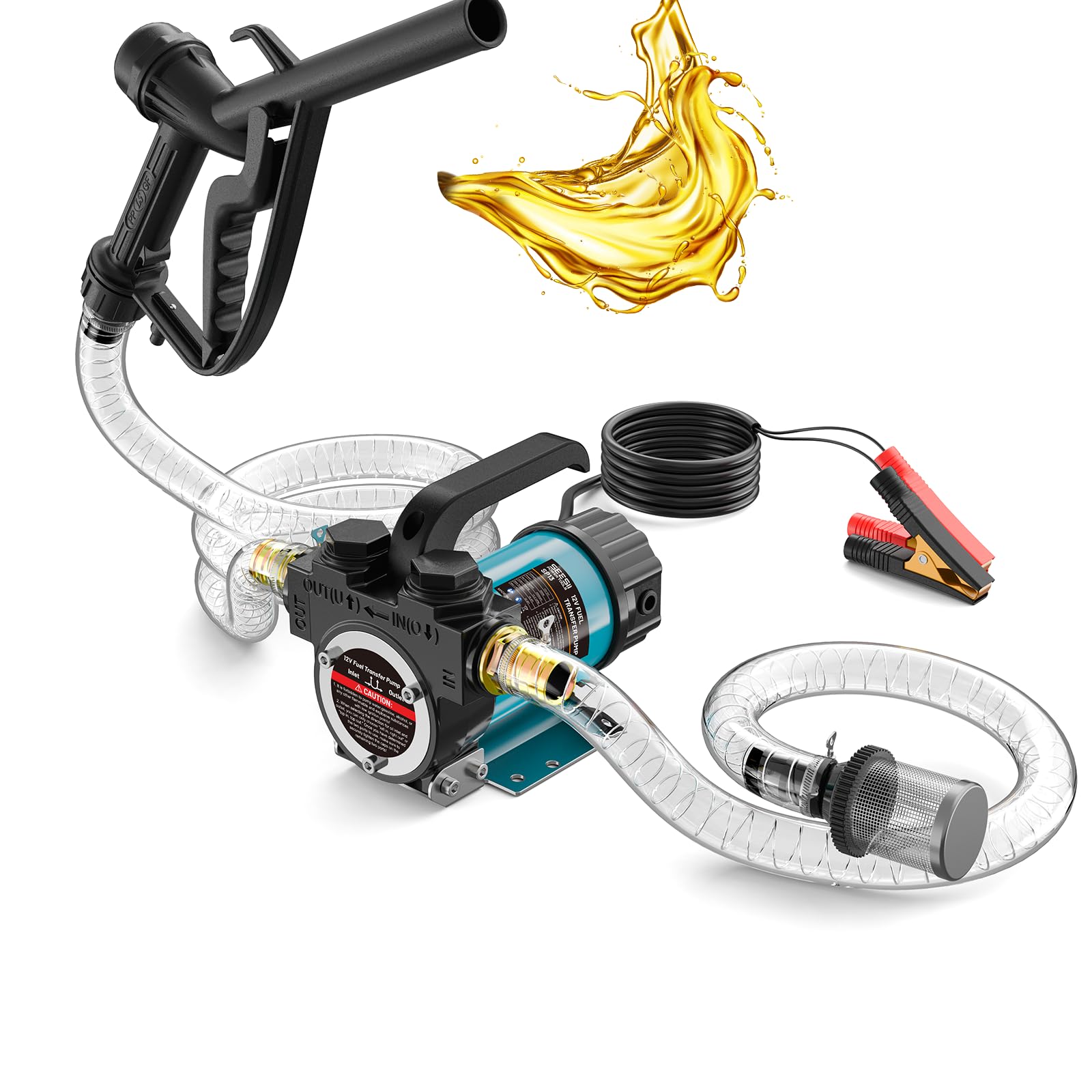 SEESII Pompa diesel elettrica 12 V: 50 l/min con ugello e tubi per il trasporto di diesel, cherosene e olio combustibile, 200 W pompa olio portatile per barca, camion, casa e rifornimento agricolo