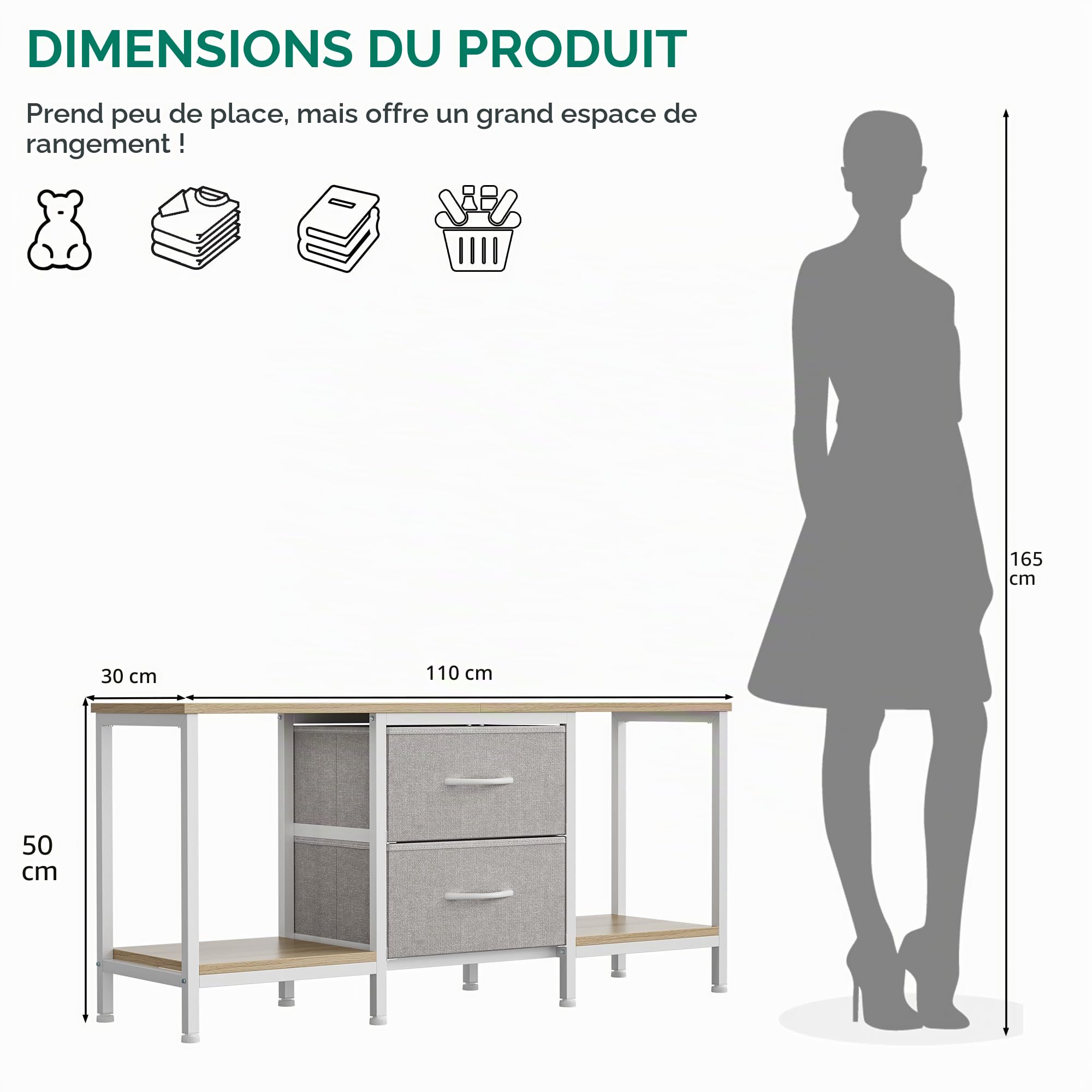 YITAHOME Meuble TV jusqu'à 47", Meuble TV avec 2 tiroirs en Tissu et 2 étagères Ouvertes, Commode 110 x 30 x 50 cm pour Salon, Salle de Divertissement, Chambre à Coucher, Cadre en Acier