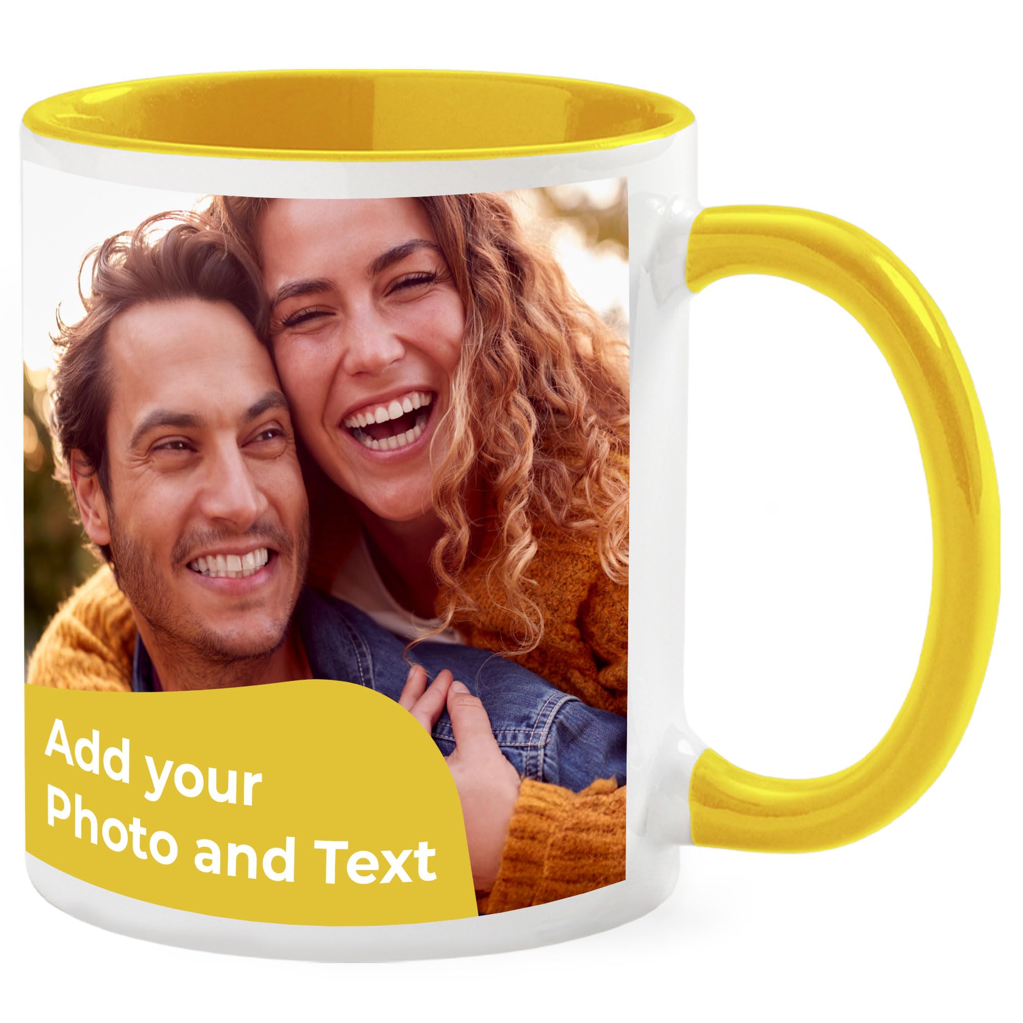 Cimpress Personalised Photo Ceramic Mug, 325 ml, Custom Gift with Name, Logo or Picture, Thoughtful Coffee Cup with Yellow Handle, Ideal for Birthdays, Anniversaries, Business or Personal Use