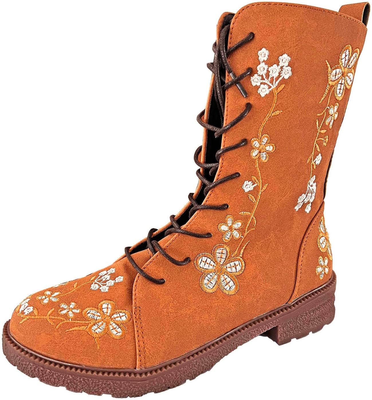 MMOOVVWomen Fashion Shoes Thick Heel Short Boots Embroidered Women Boots Outdoor Women Winter