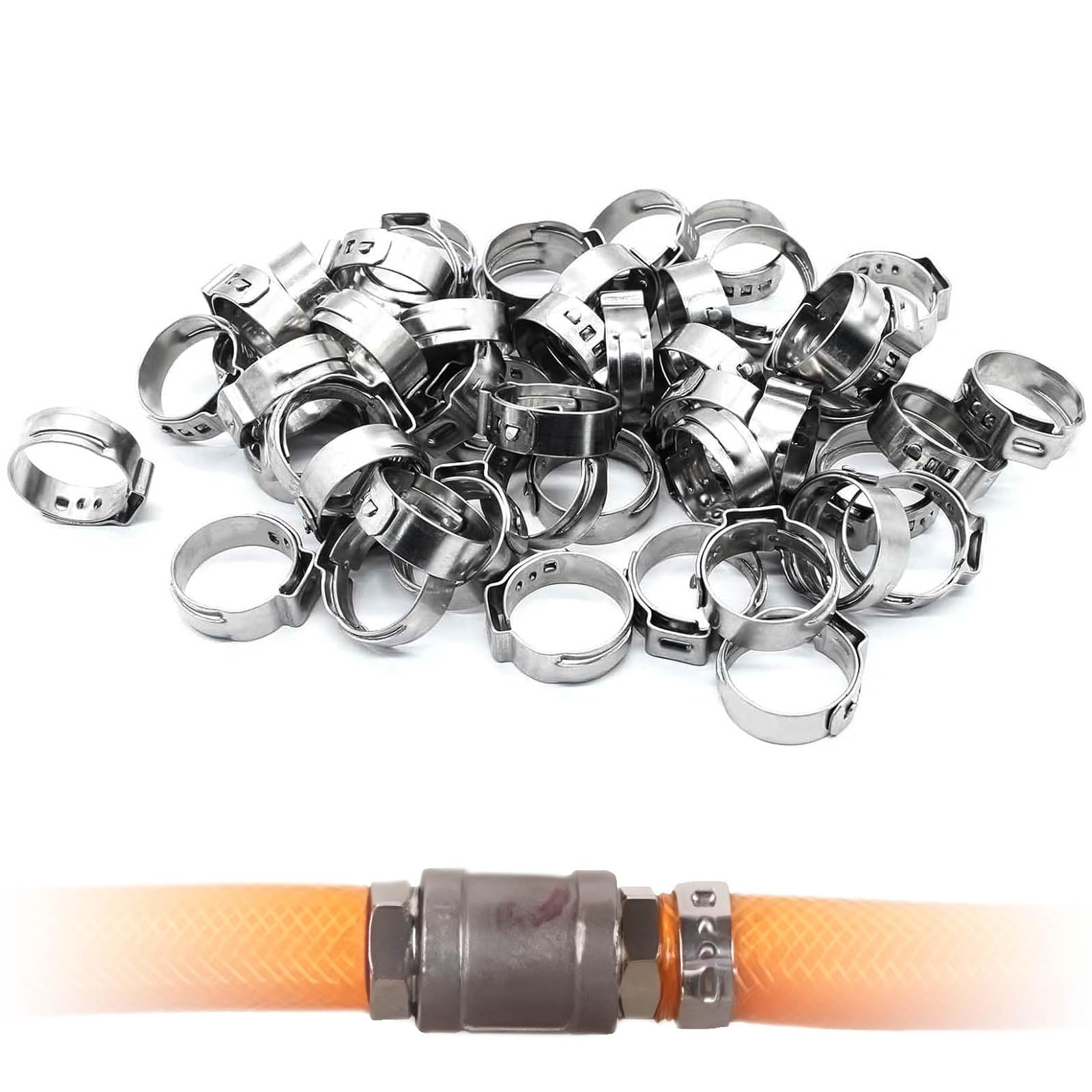 50 Pcs PEX Cinch Clamps, 5.8～7.0mm to 117.3～120.5mm Stainless Steel Crimp Rings, Single Ear Hose Suitable for Water Pipe(5.3～6.5mm)