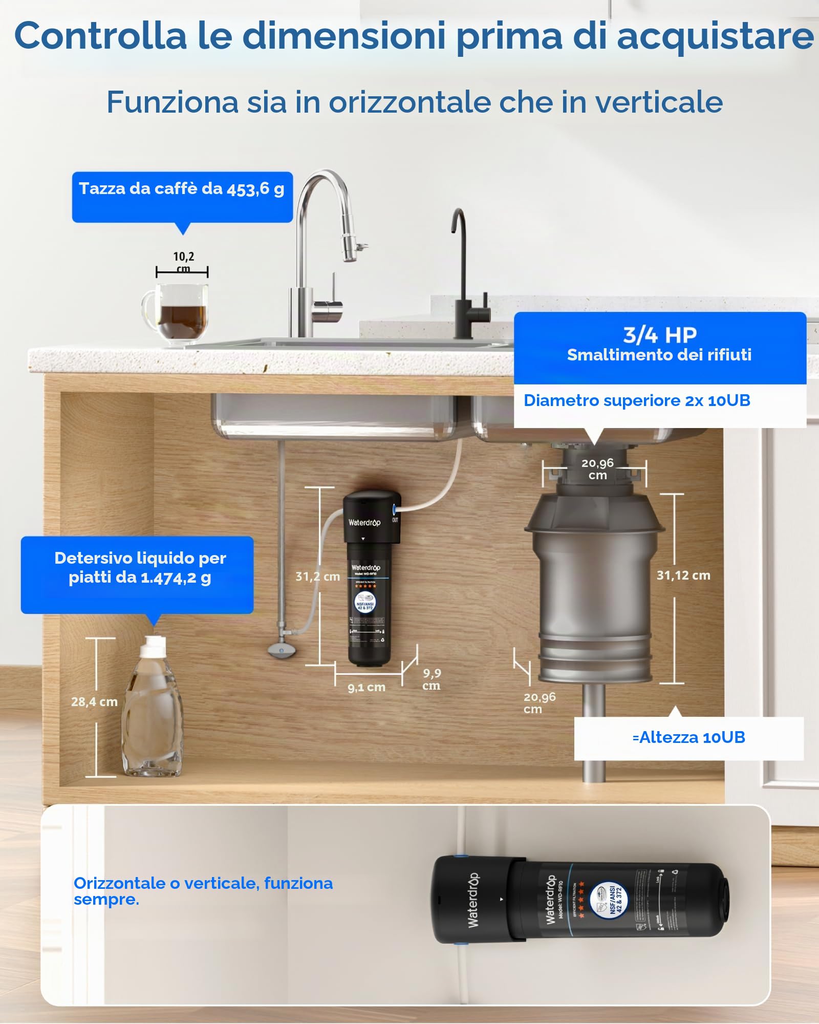 Waterdrop 10UB Filtro dell'Acqua Sistema Inferiore con Rubinetto Dedicato, NSF/ANSI 42 Certificato, 11000 Galloni ad Alto Contenuto di Cloro Capacità di Riduzione del Cloro, Tecnologia USA