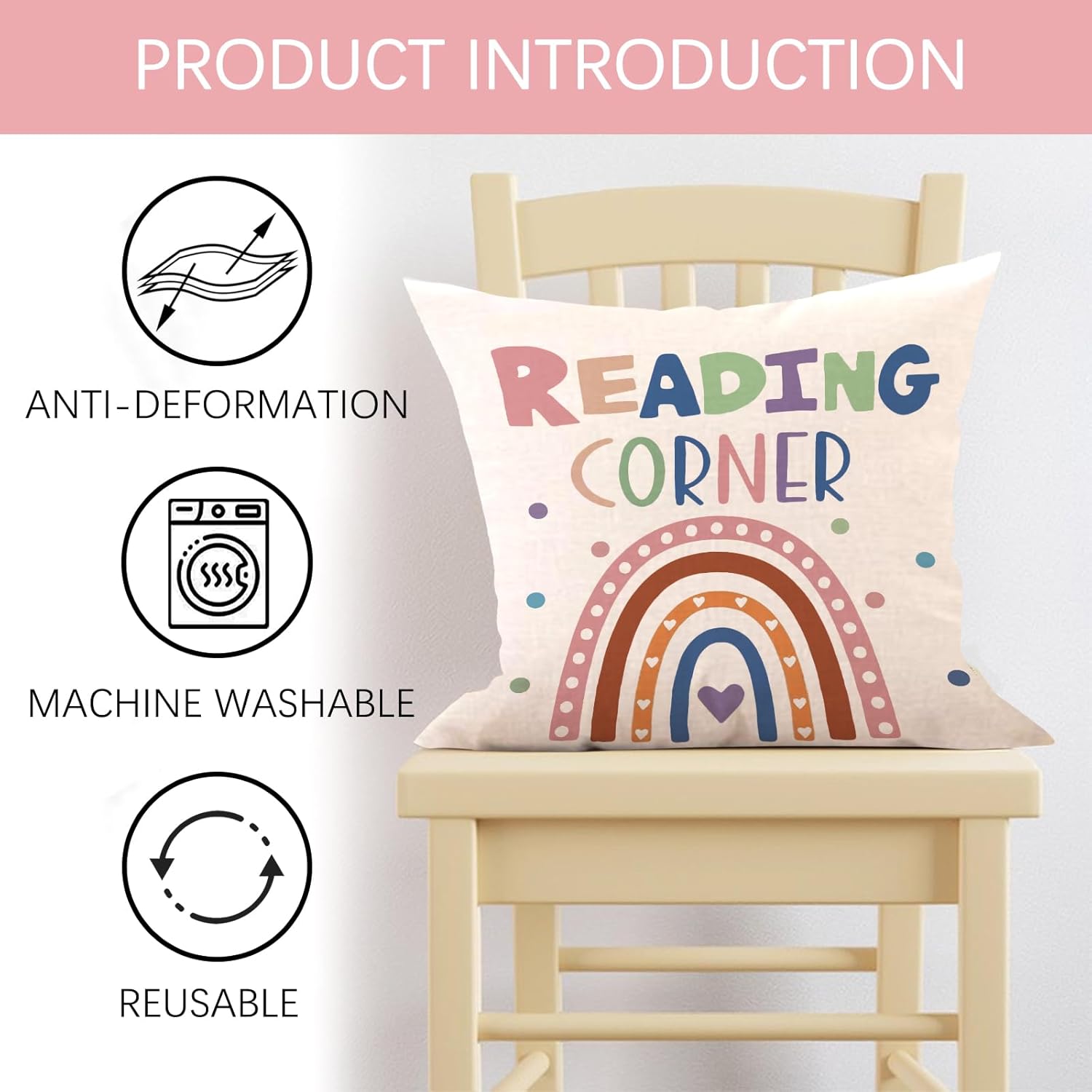 Reading Corner Decorative Throw Pillow Covers 18 x 18 Set of 2, Rainbow Alphabet Educational Kids Nursery Porch Outdoor Home Decor, Love Hearts Reader School Classroom Sofa Couch Cushion Case - Image 3
