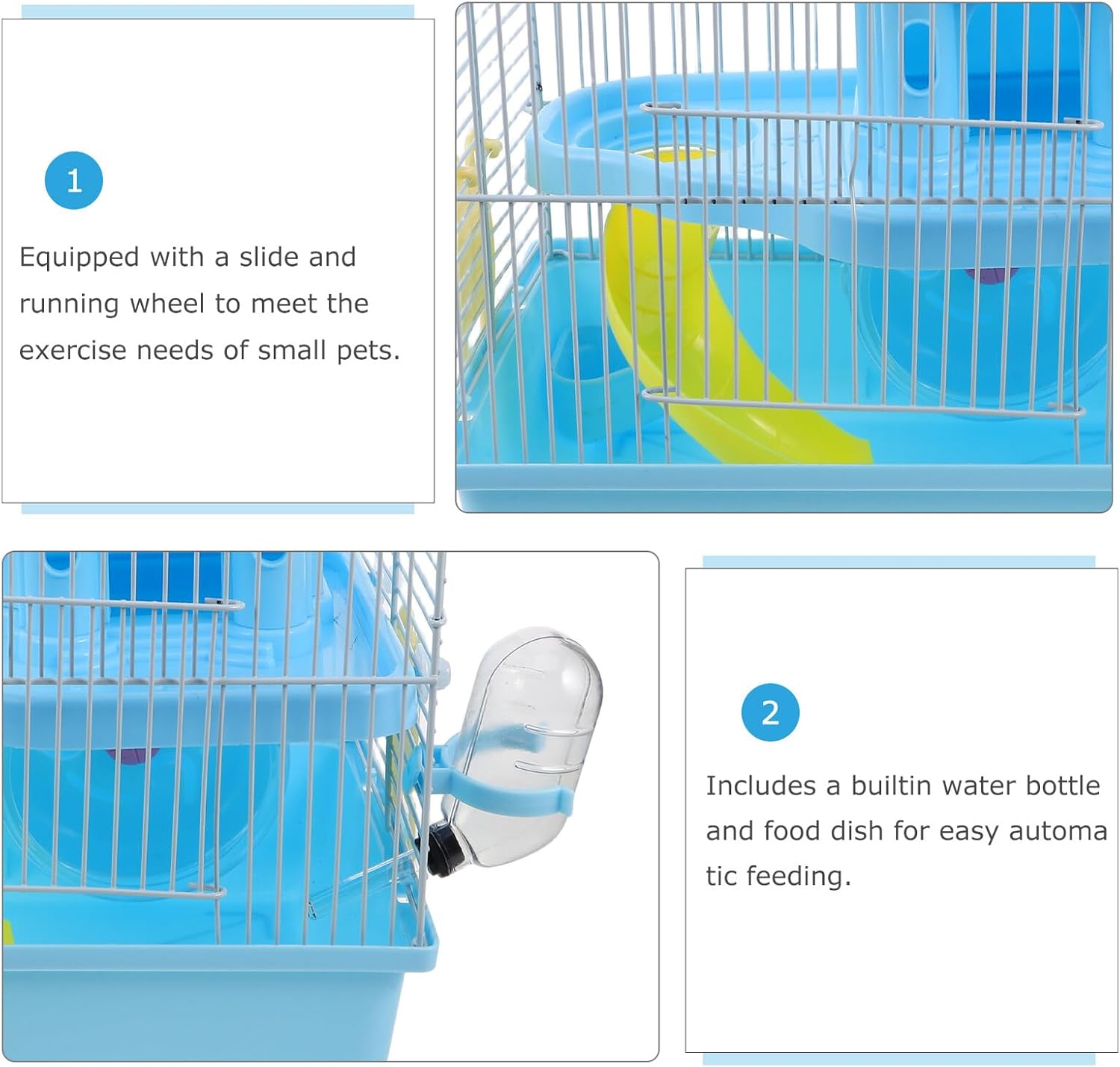 Cabilock Hamster Cage with Slide and Running Wheel, 2-Tier Portable Small Animal Cage with Water Bottle and Food Bowl, Sky Blue Plastic Habitat for Hamsters, Mice, Gerbils, Suitable