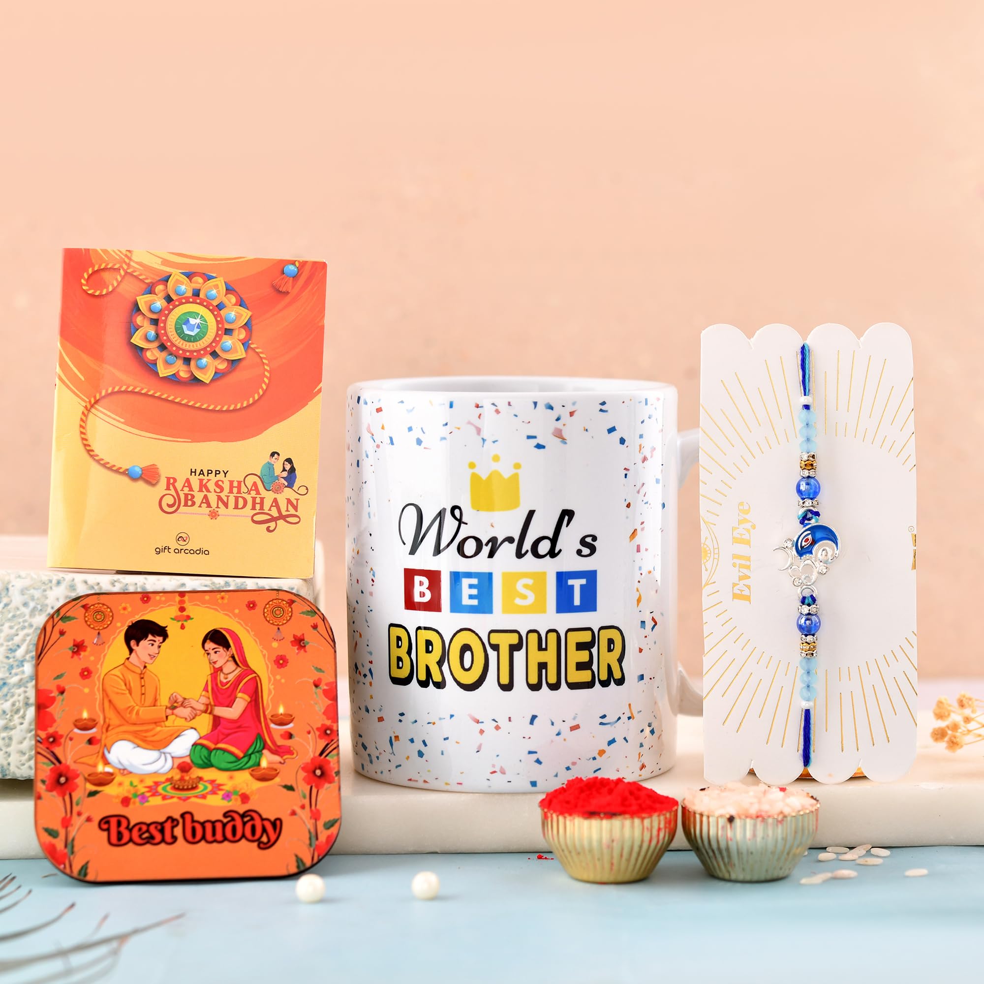 Arcadia Rakhi for Brother with Printed Ceramic Mug Combo |Pack of 5 (Greeting Card, Roli Chawal, Rakhi, Printed Mug and Fridge Magnet) | Best Gift for Brother, Kids Mug (BR-1)