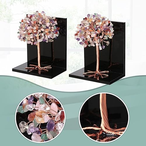 Miniatura 2 de Amogeeli 1 par de sujetalibros acrílicos de árbol de la vida de cristal curativo para libros pesados, extremos decorativos de piedra Fengshui para