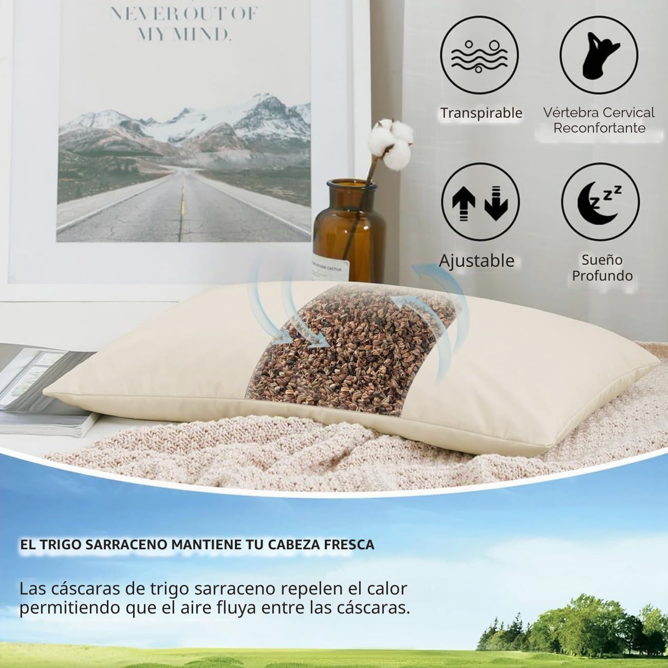 LOFE Almohada orgánica de Trigo sarraceno para Dormir, 14 x 20 Pulgadas, Loft Ajustable, Transpirable para un sueño Fresco, Apoyo Cervical para Personas Que Duermen Boca Arriba y de Lado (cáscaras de