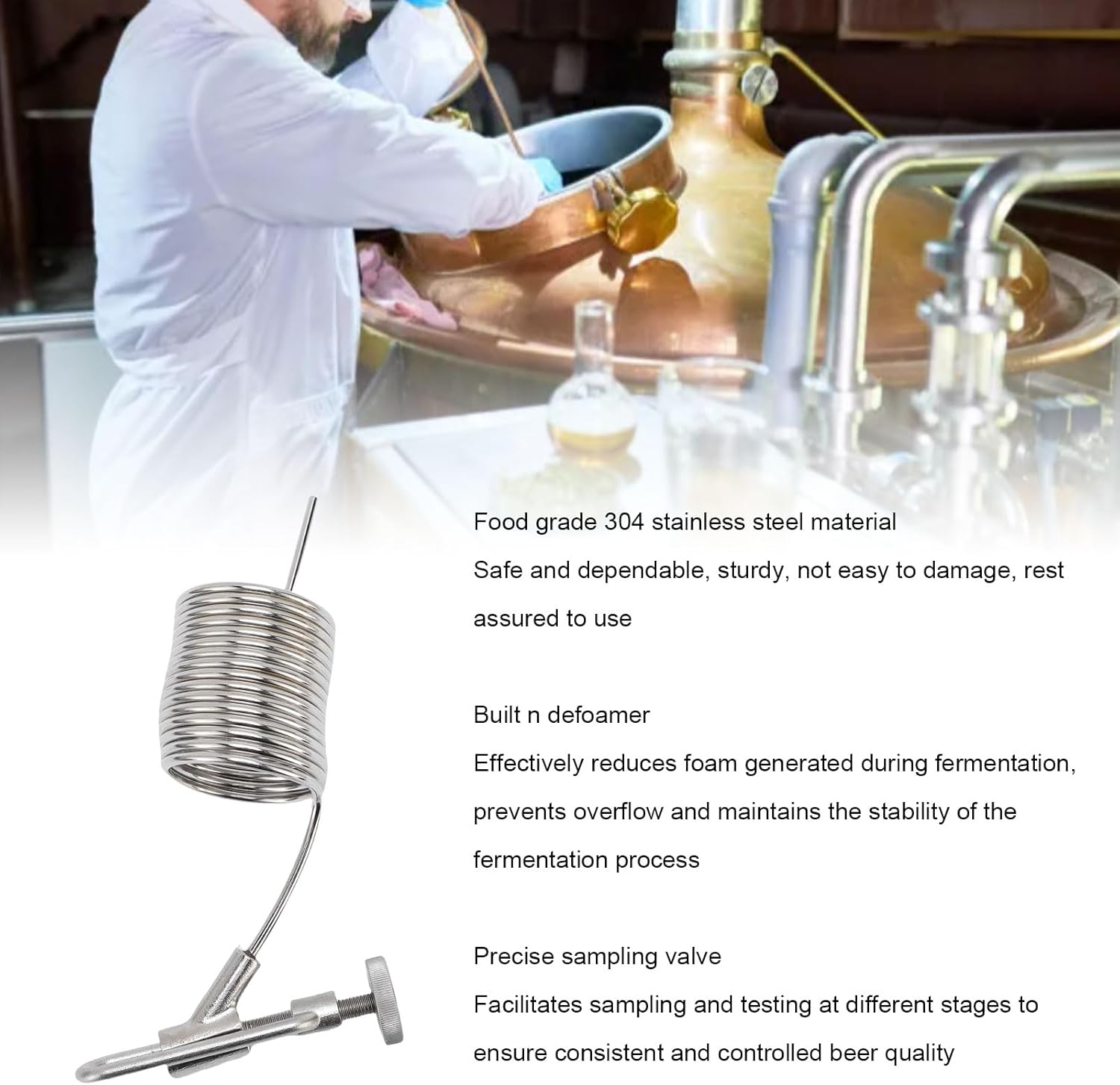Sampling Coil Defoamer, Food Grade 304 Stainless Steel Beer Wine Brewing Fermenter with Sampling Valve for Home Brew Accessory, Integrated Defoamer to Reduce Foam