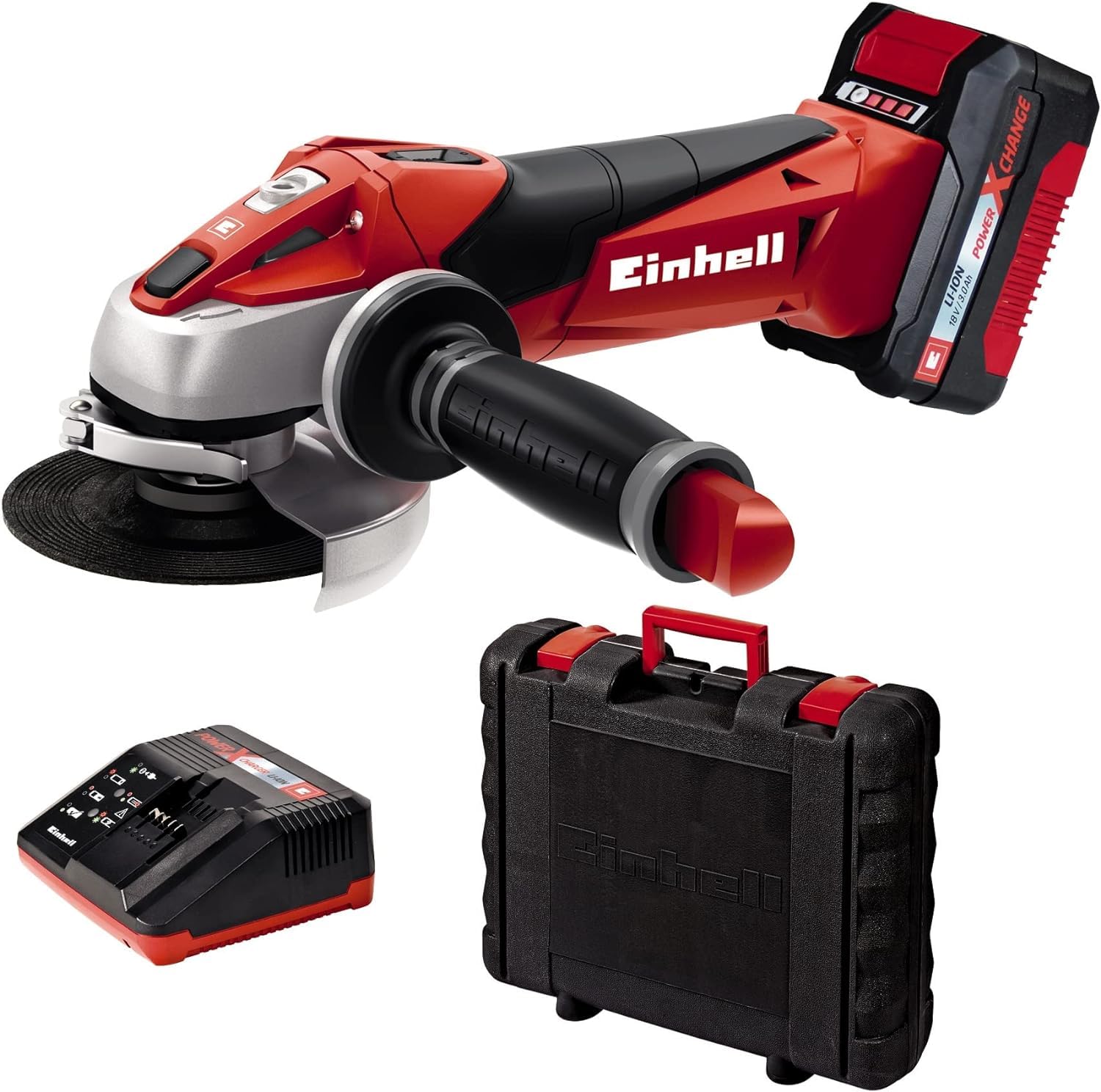 Einhell Cordless angle grinder TC-AG 18/115 Li Kit Power X-Change (18 V, 115 mm disc diameter, 28 mm cutting depth, softstart, without cutting disc, incl. 3,0 Ah battery and charger)