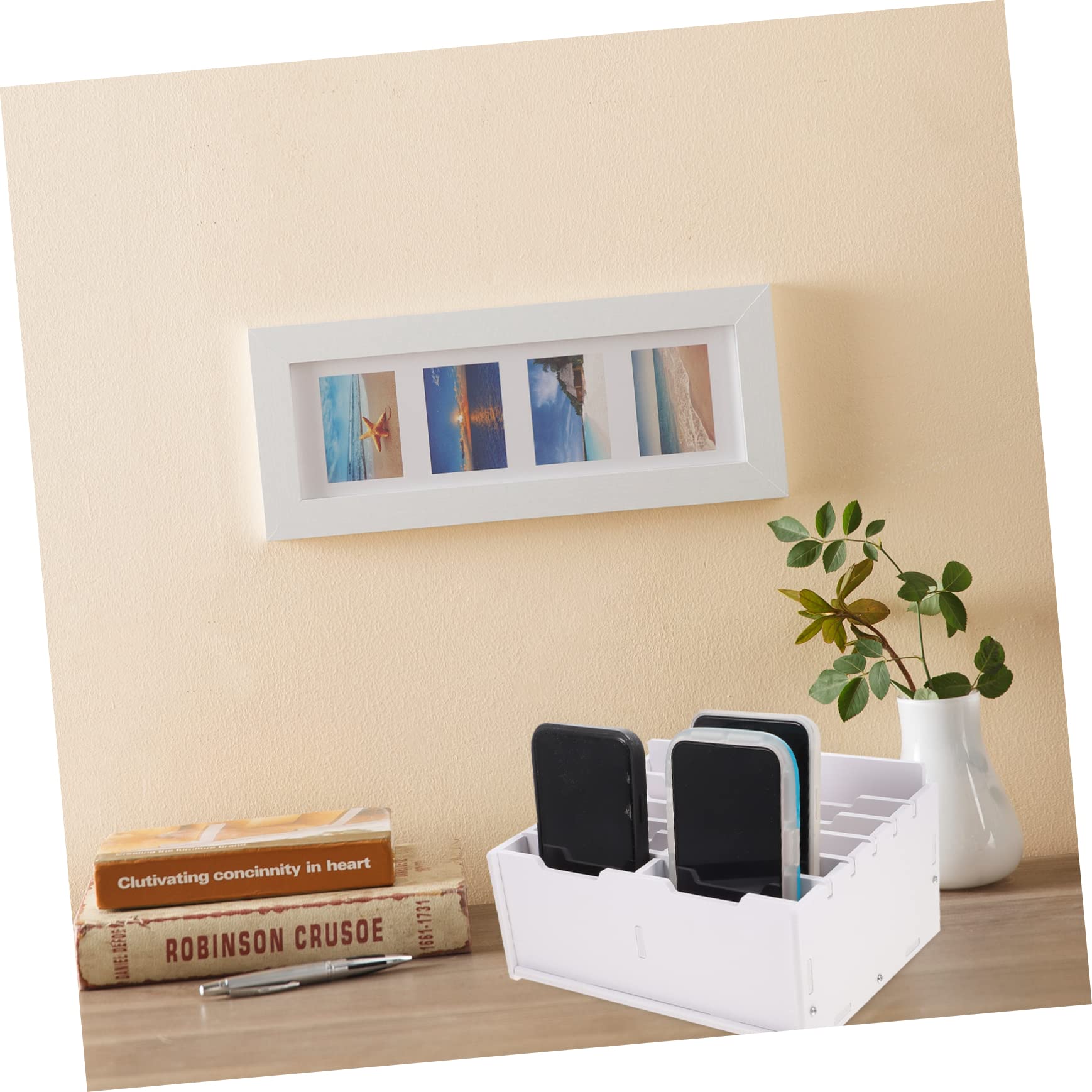 DOITOOL Organizador De Escritorio Caja De Almacenamiento 12 Compartimentos Madera Blanca Soporte Para Teléfono Celular Oficina Aula Orden y Clasificación