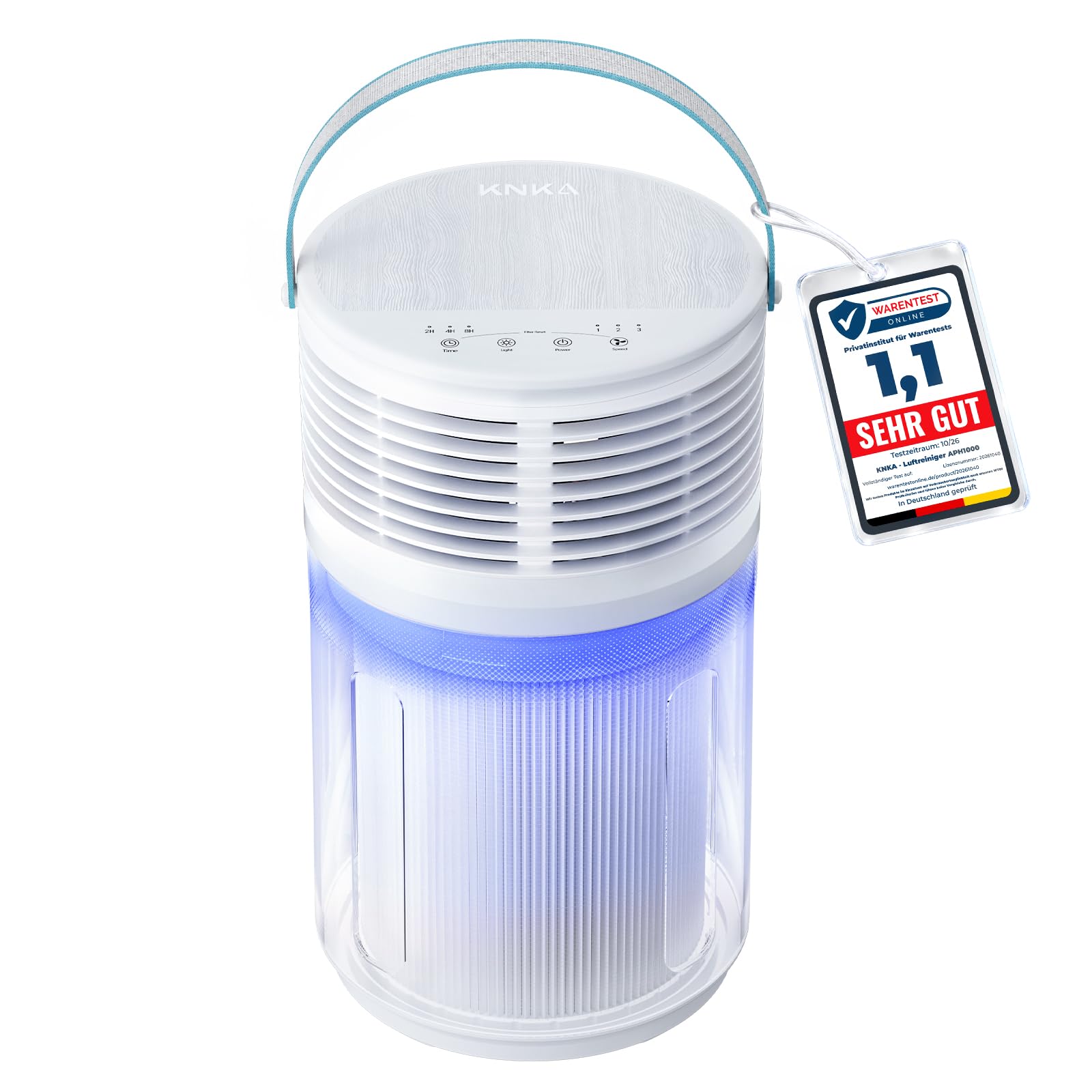 KNKA HEPA Luftreiniger für Allergiker, Pollen & Allergene, kompakt, Weiß | HEPA Air Purifier, 100 m³/h CADR, 4 Stufen, 2/4/8h Timer, blau-violettes Licht, Aromabox, leise & mobil für Schlafzimmer/Büro