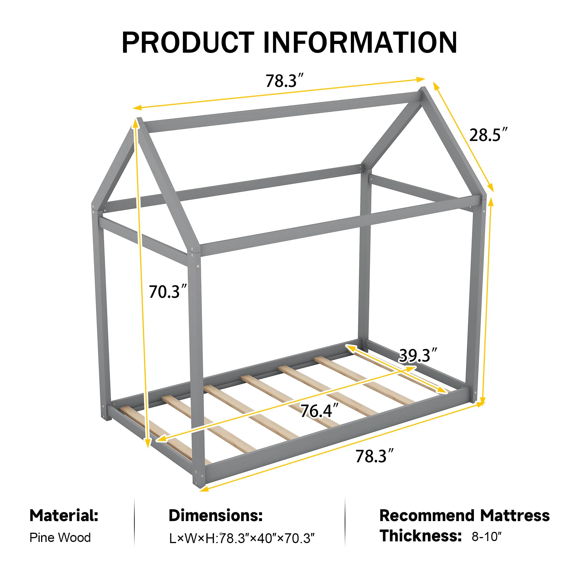 Merax Wood House Bed,Floor Bed with Wood Slats,No Box Spring Needed,Twin Size, Grey