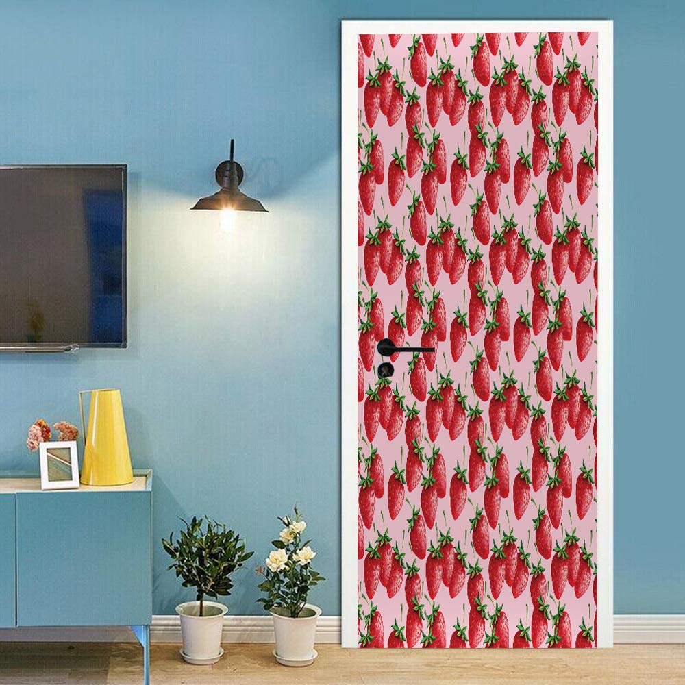 Sticker porte 3D fraises trompe l'oeil adhésif et amovible 73x205 cm