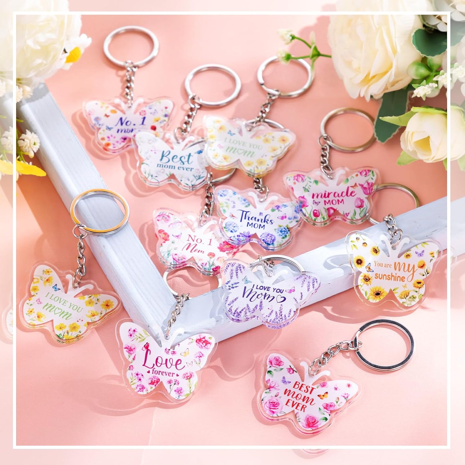 Sureio Mother's Day Keychain Bulk Mother's Day Gifts Butterfly Acrylic Double Side Keychains with Flowers for Women