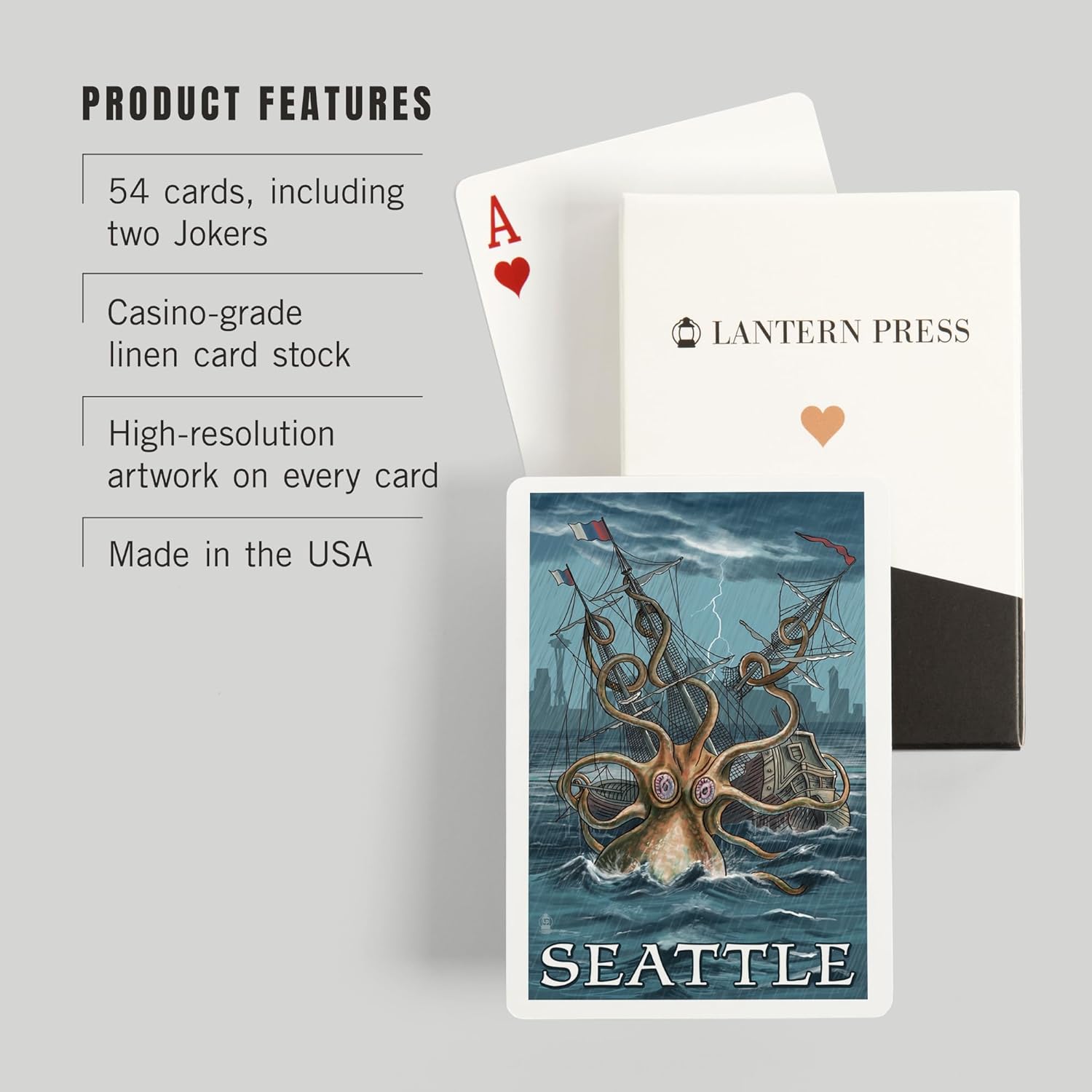 Lantern Press Seattle, Washington, Kraken Attacking Ship, 52 Playing Cards for Adults, Poker Size Card Deck
