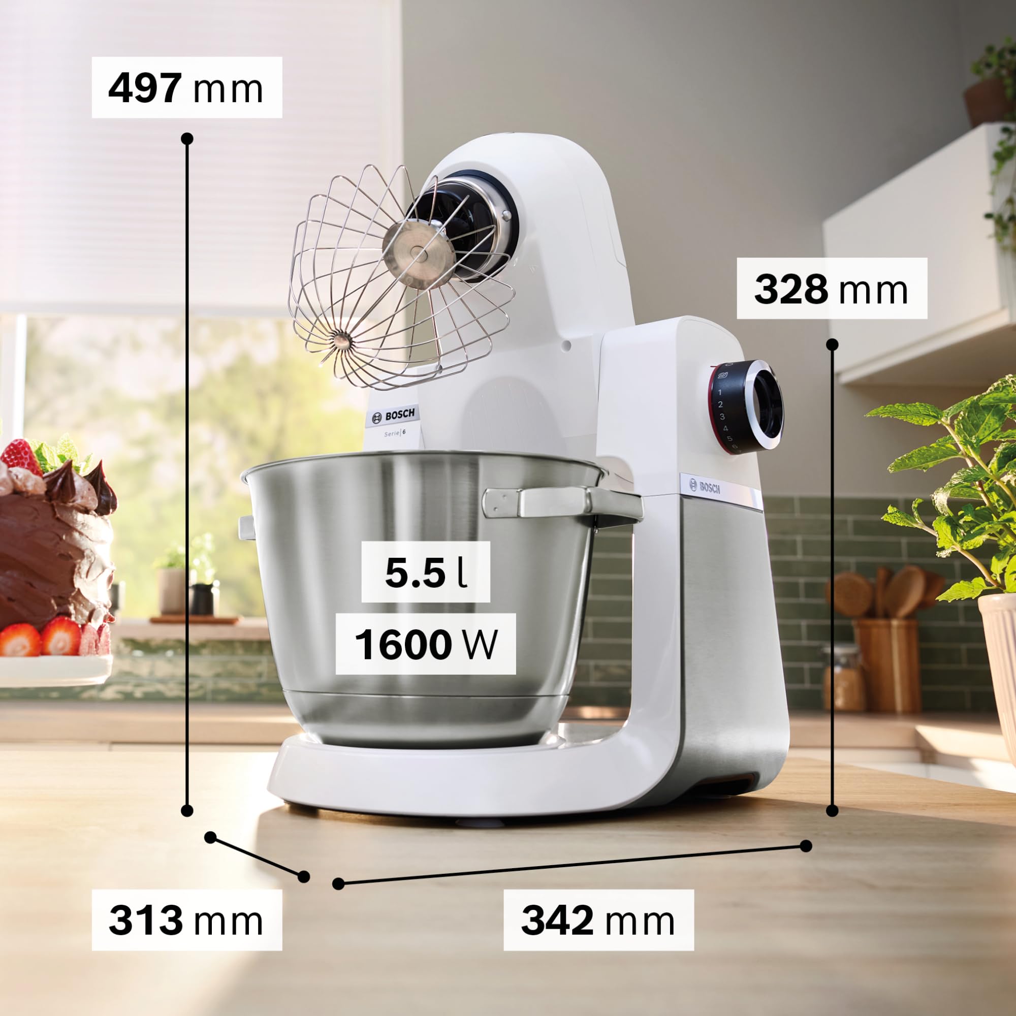 Bosch Küchenmaschine Serie 6, 7 Geschwindigkeitsstufen, 5,5l Schüssel, Durchlaufschnitzler, 3 Scheiben, Knethaken, Rührbesen, Silikonbesen, spülmaschinenfest, 1.600 W, silber/weiß, MUMS6EW13D