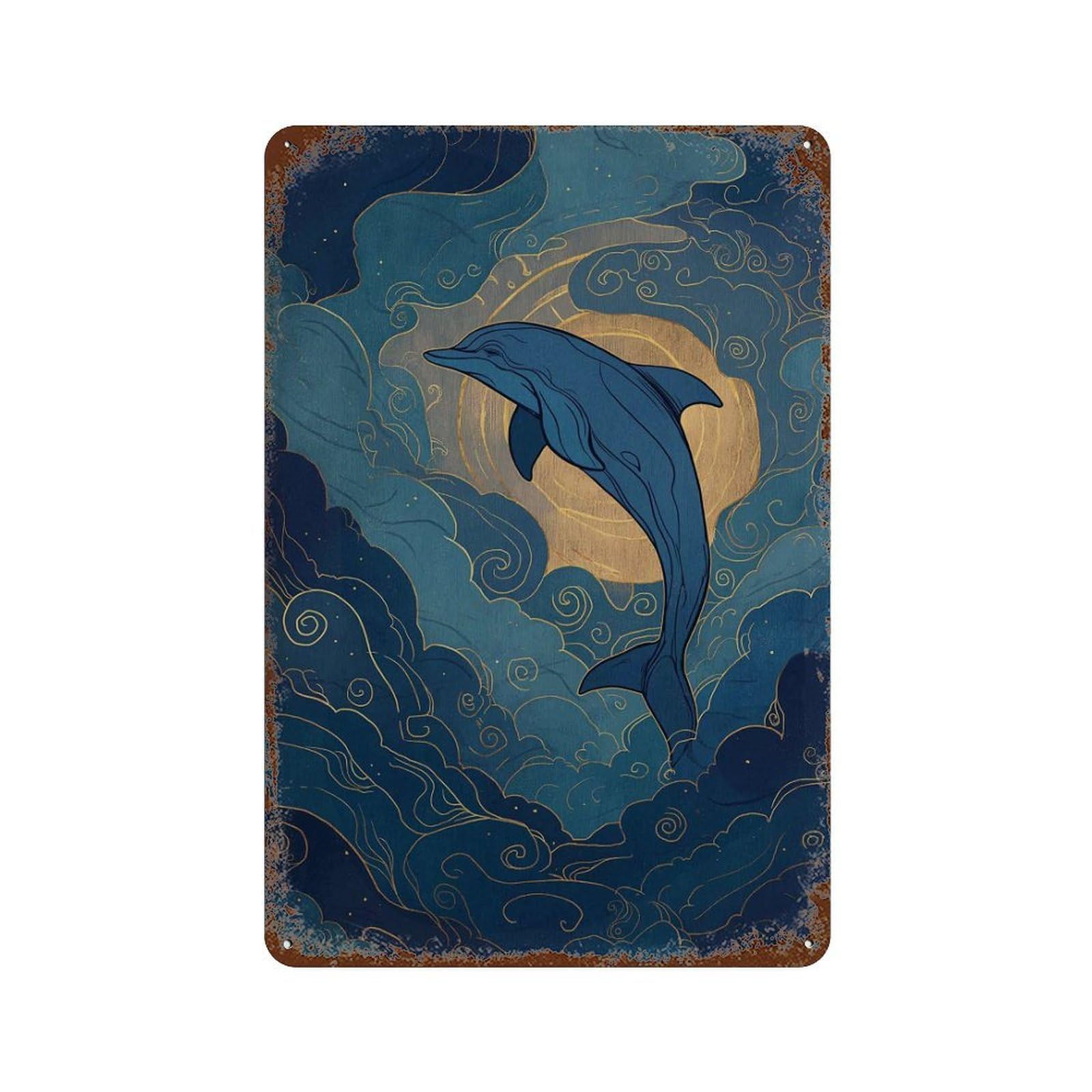 xiaoxiaoshen Dolphin Celestial Ocean Blue Sea Animal Fantasy Night Sky Marine Work Wall Decor Art Metal Tin Poster Modern Home Decor Art Home Bar Shop Decorations Vintage Sign 30x20cm