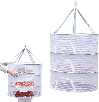 Herb Drying Rack, 3 Layer Foldable Hanging Mesh Net with Zipper, Collapsible Food Drying Fish Hanging Basket Dryer Net for Buds, Fruits, Vegetables, Herbs, Fish, Clothes, DollSizeM