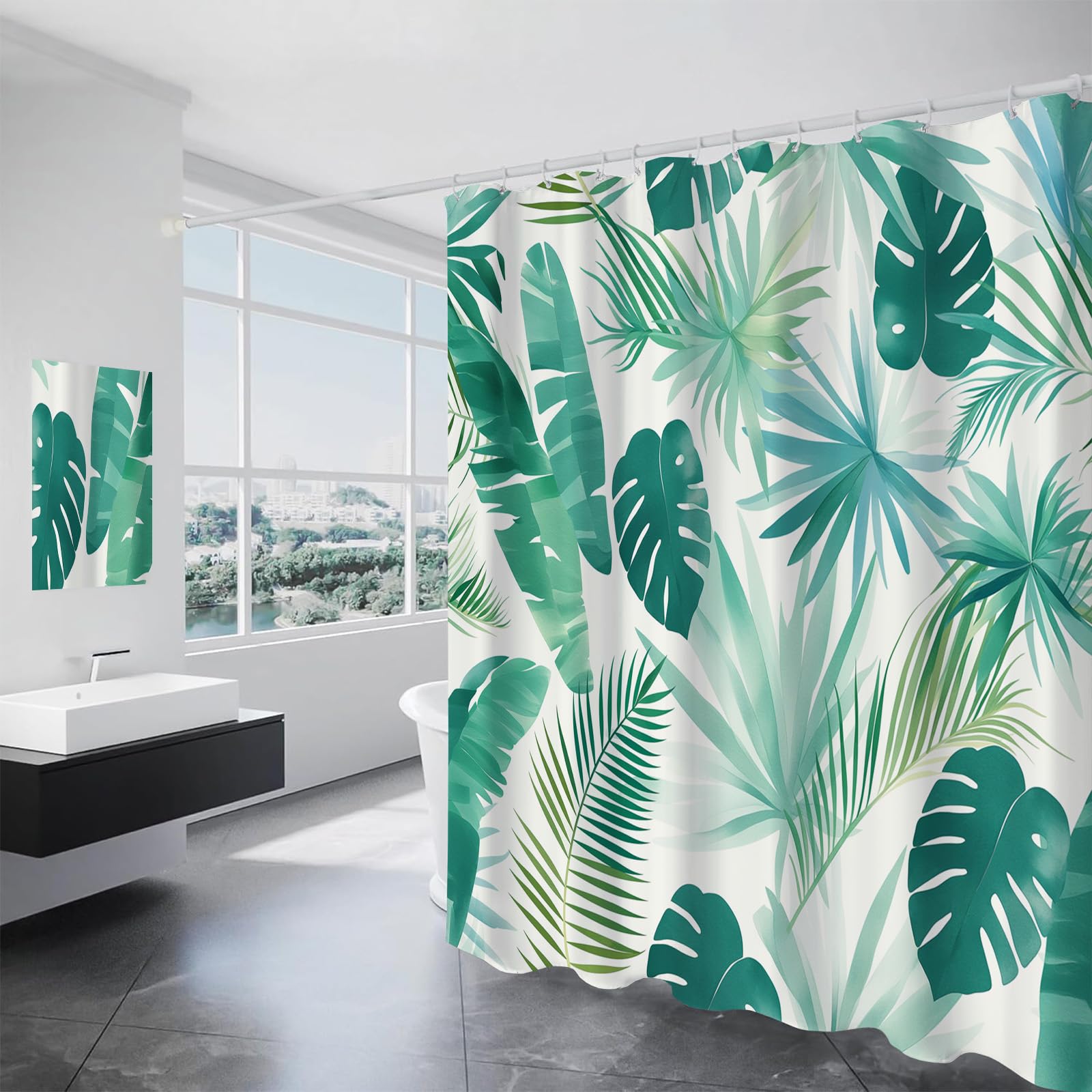 Rideau douche anti moisissure 240x200 imperméable en tissu vert tropical pour salle de bain