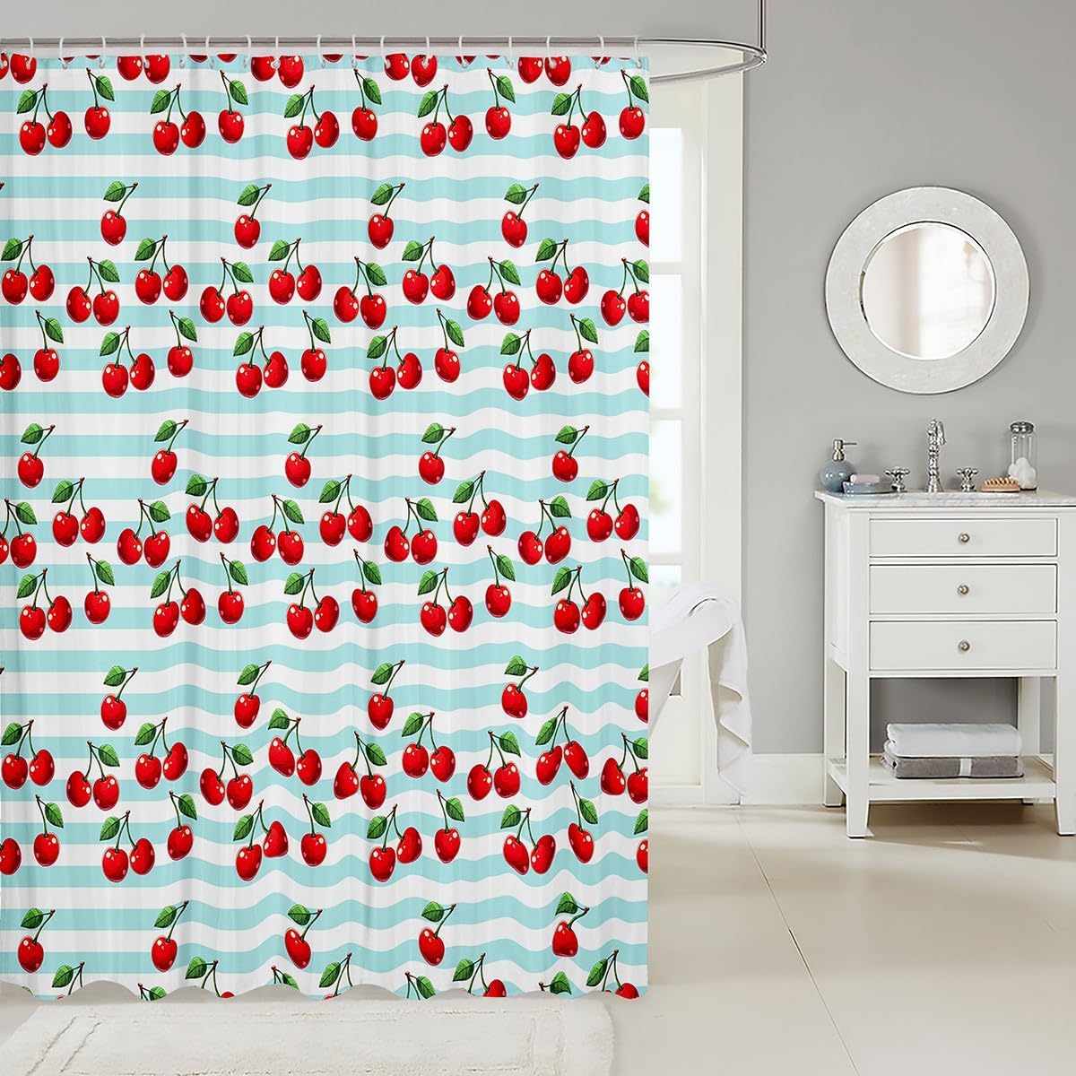 Feelyou Cherry Bath Curtain for Kids Boys Girls 72"x78" Streak Pattern Shower Curtain Waterproof Tempting Cherries Bathroom Shower Curtain Set Cherry Prints Kids Bathroom Accessories