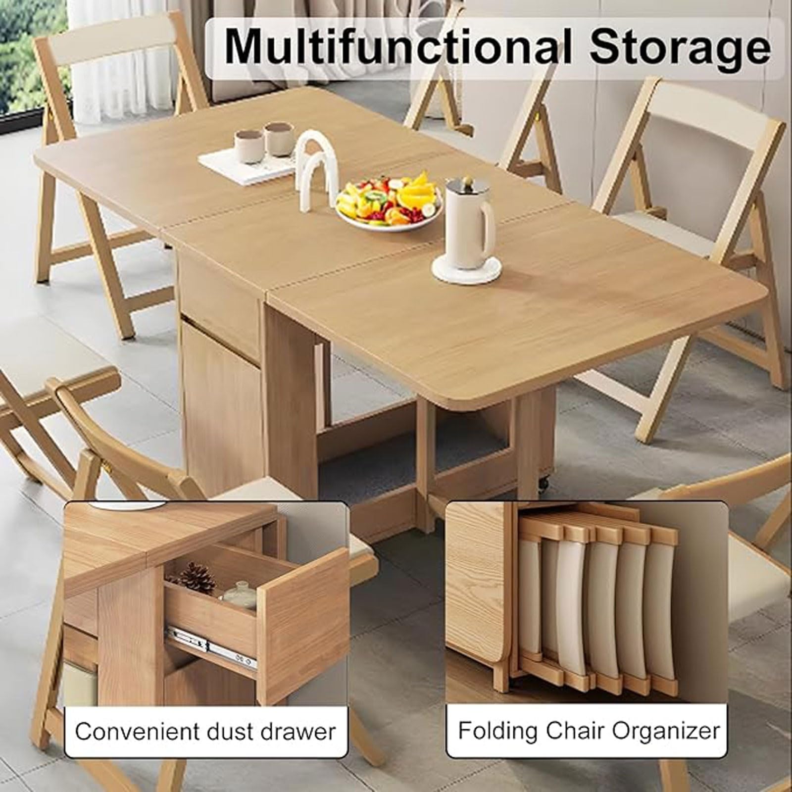 Mesa de Cocina Plegable de Madera Maciza Estilo Rústico | Móvil, Sin Necesidad de Montaje, Ahorra Espacio