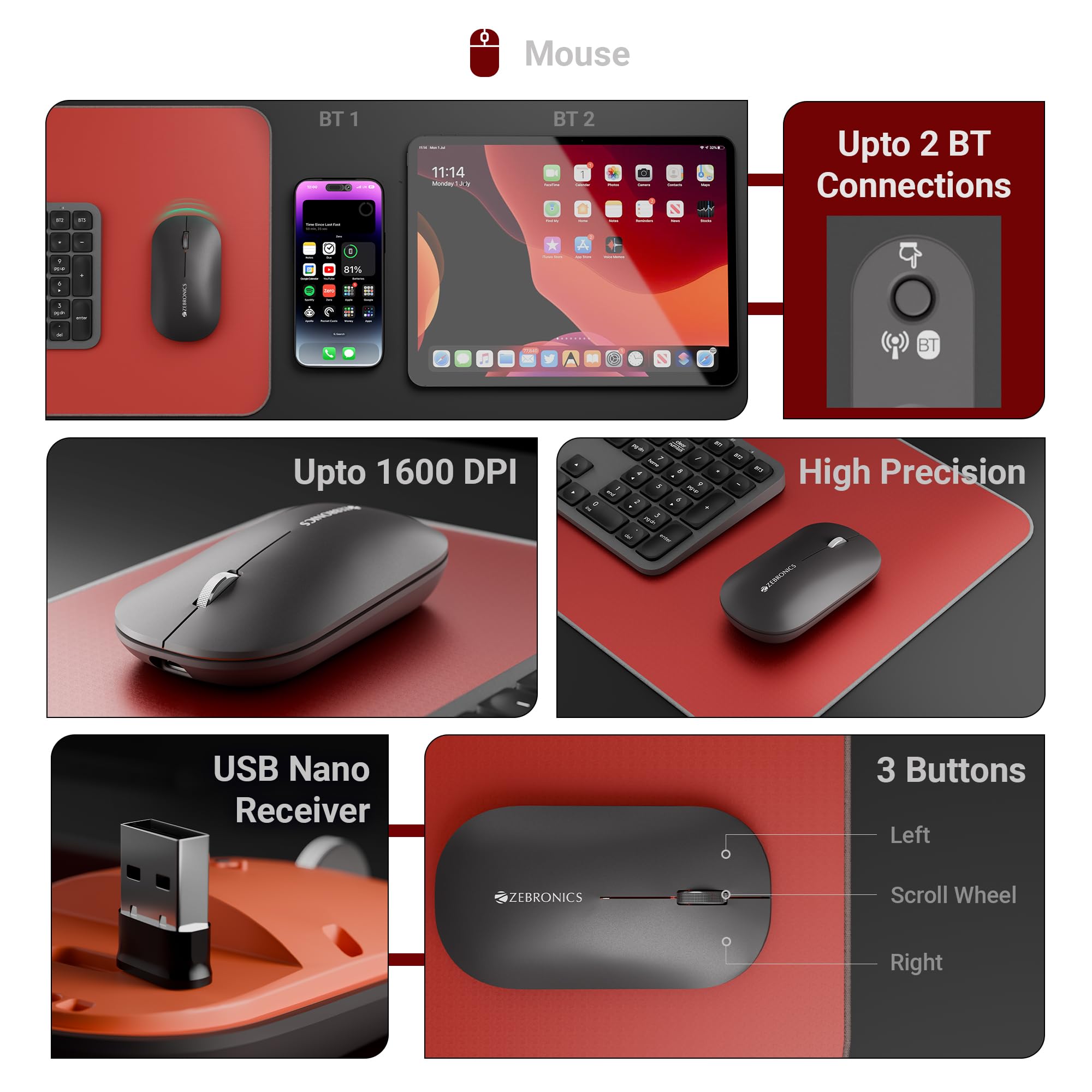 Zebronics Wireless Keyboard & Mouse Combo, 2.4GHz + Multi BT Toggle, Scissor Switch, Mac & Win Toggle, UV Coated Keys, Multimedia Keys, Upto 1600DPI, Type-C Charging, High Precision (Companion 5002) — Amazon image 4