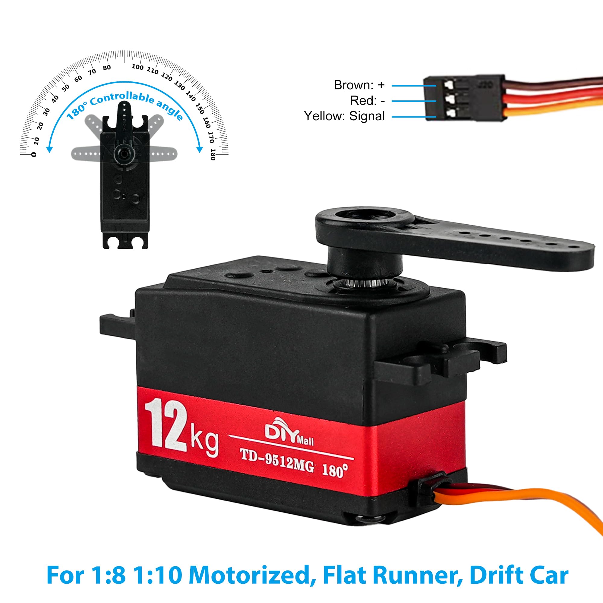 Servo 12kg Basso Profilo 180 TD-9512MG RC Servo Digitale Impermeabile Full Metal Gear Ad Alta Velocità per 1/8 1/10 RC Auto Elicottero Coda Robot (Ordinario (rosso))