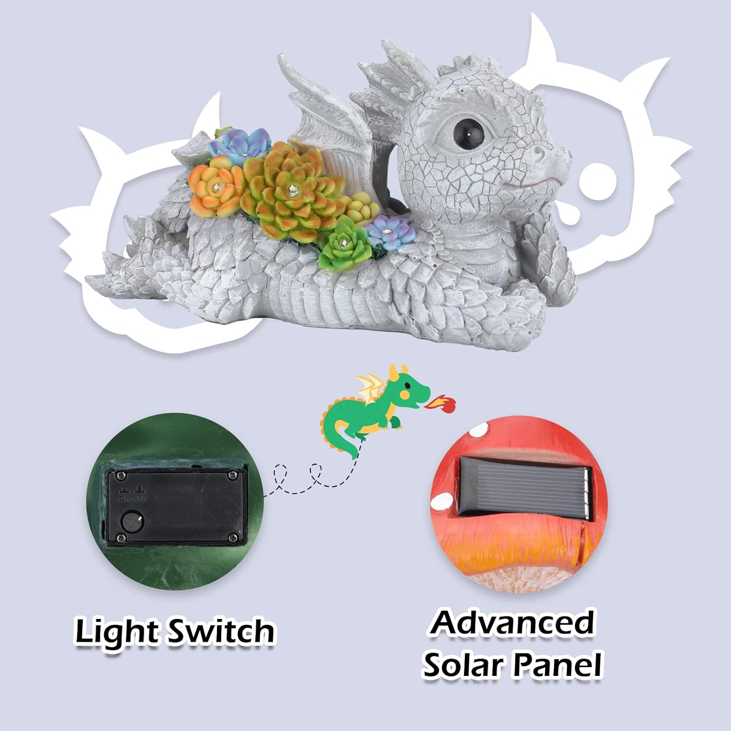 Garden Dragon Statue Outdoor Decor, Dragon Garden Sculpture Waterproof Solar LED Lights Resin Succulent Decorations for Outside Lawn Patio Patio Yard Ornament Gifts - Image 5