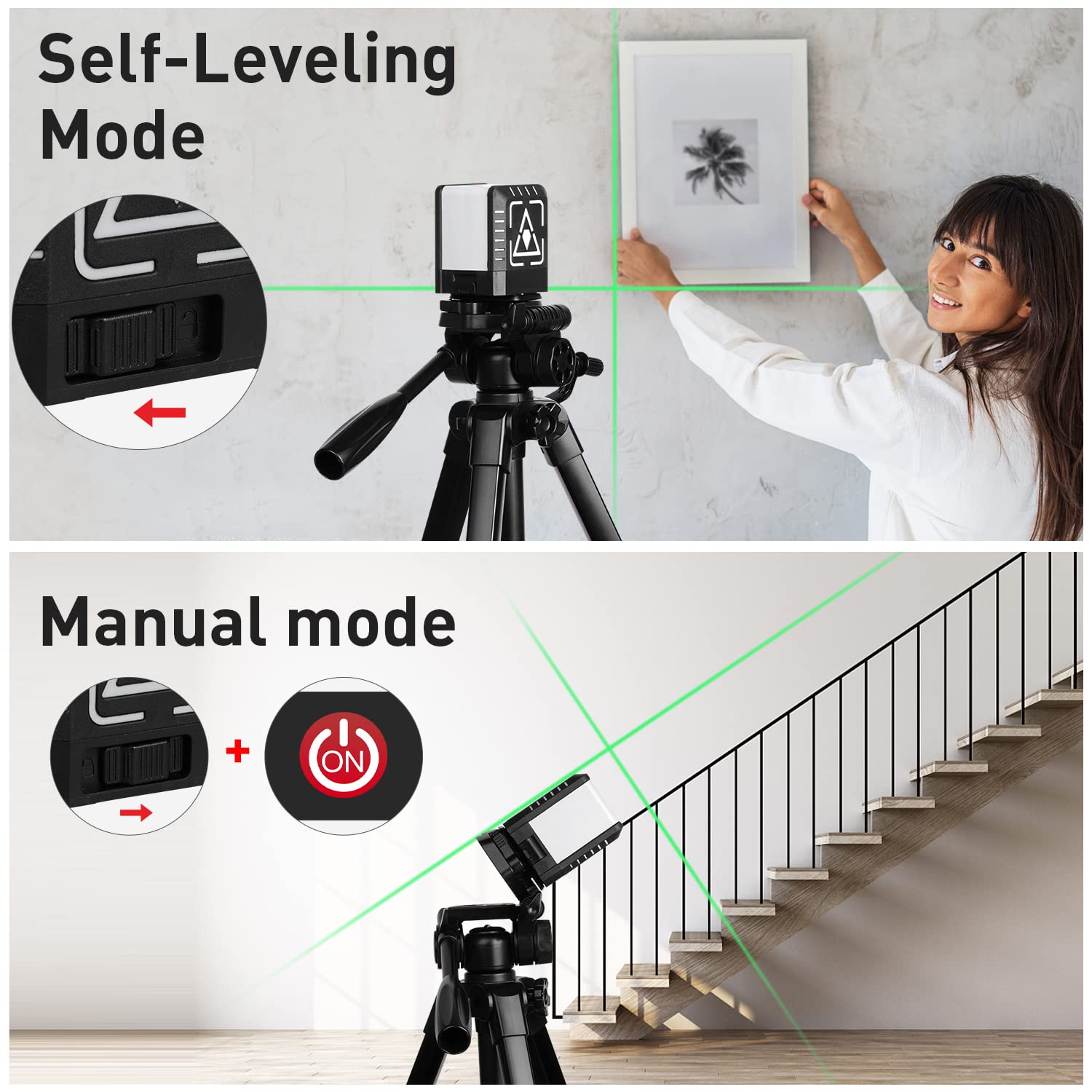 Niveau laser, niveau laser XRCLIF auto-nivelant croix, niveau à bulle laser vert avec base magnétique flexible, 2 lignes IP54 horizontal/vertical, vert (2 piles et pochette incluse)