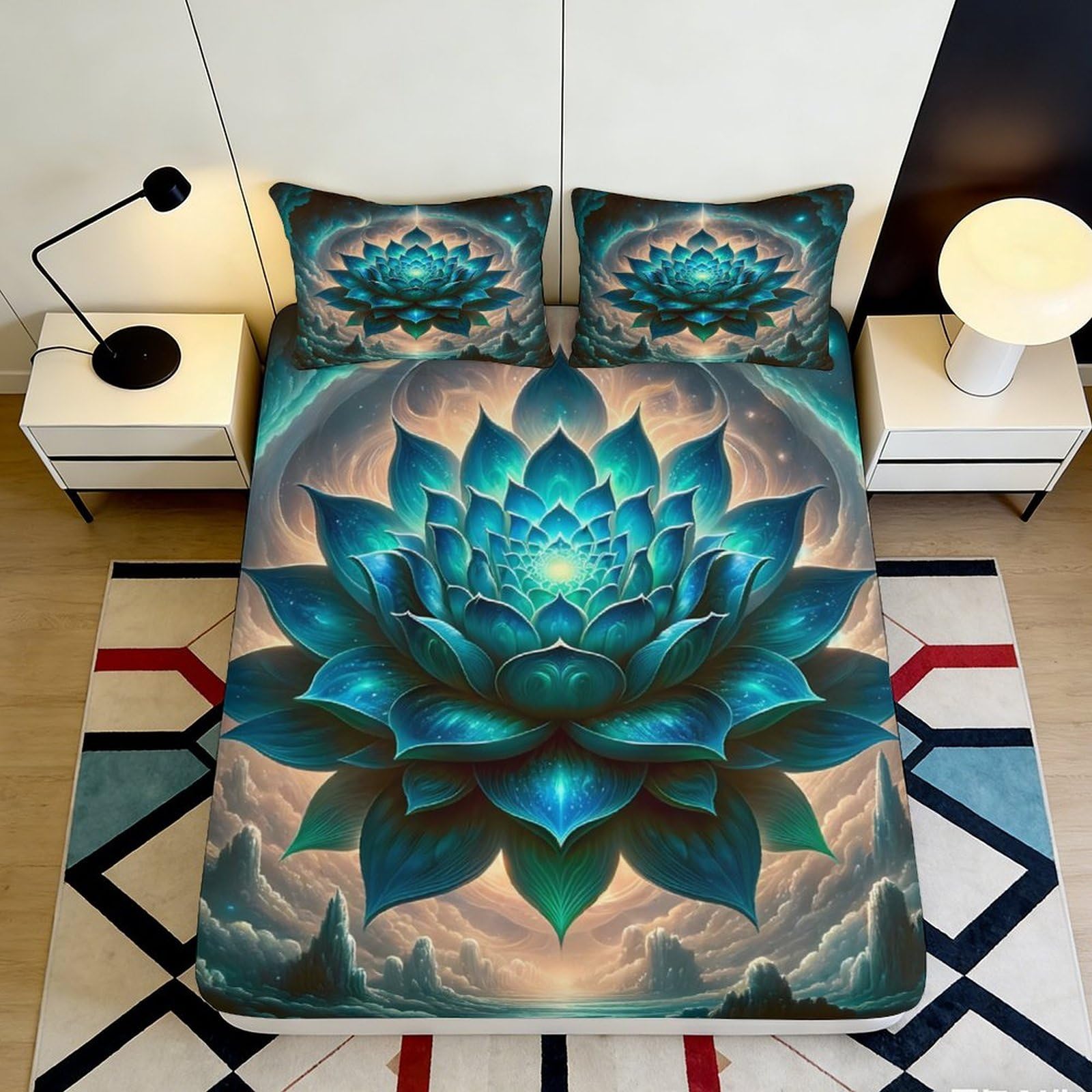 3D Printed Blue Lotus Mandala Fitted Sheet Microfiber Soft Anti-Slip Ethnic Flower Mattress Cover for Bedroom Home 90x200x25cm