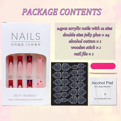 Miniatura 6 de Uñas postizas largas a presión para Halloween, con diseño de telaraña, color negro, punta francesa, color rojo, cobertura completa, para Halloween,