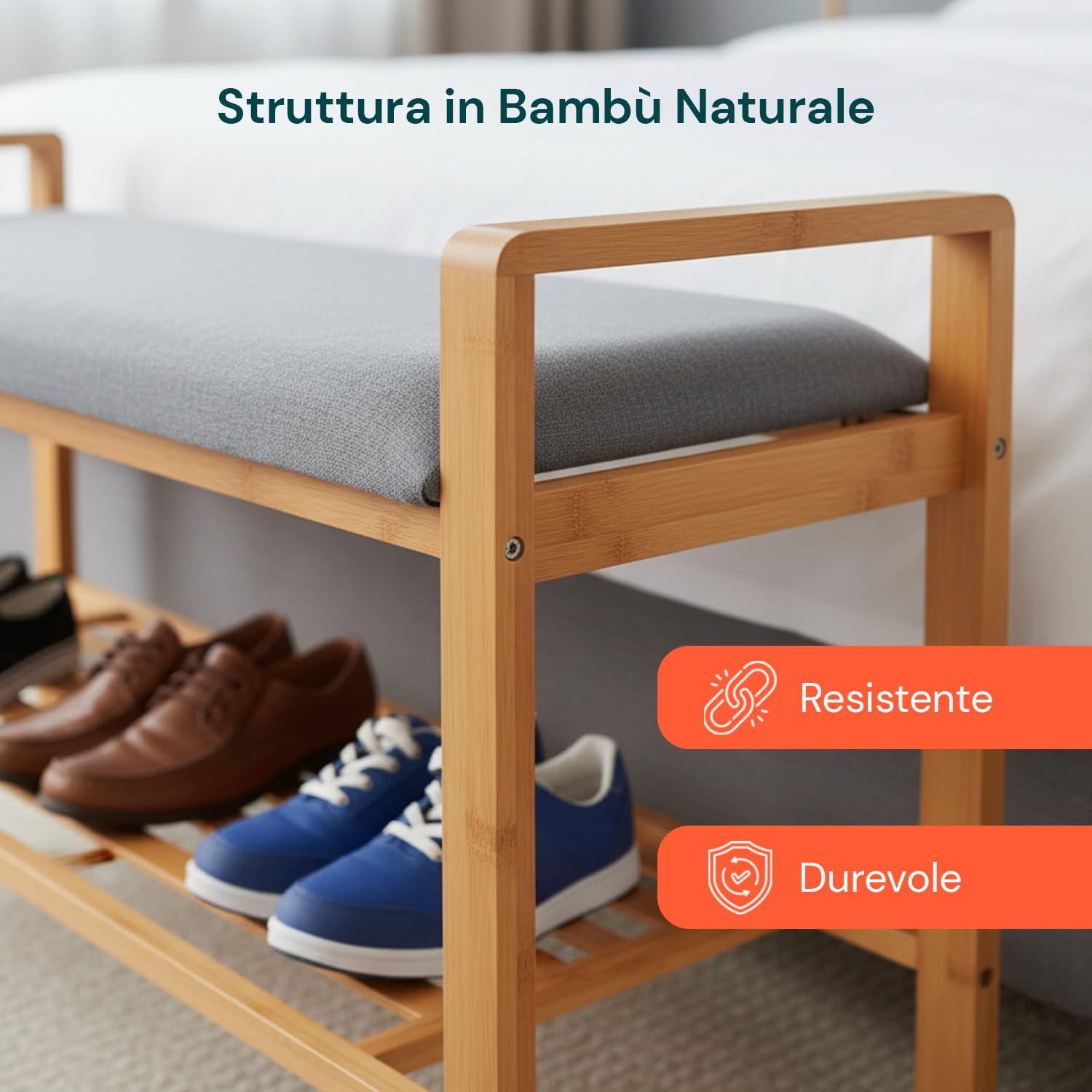 Avilia Panca Scarpiera da Ingresso in Bambù Panca Contenitore con Seduta Imbottita Grigia, Scarpiera Salvaspazio Slim Ripiano a Doghe, Portascarpe Moderno per Camera, Corridoio e Bagno