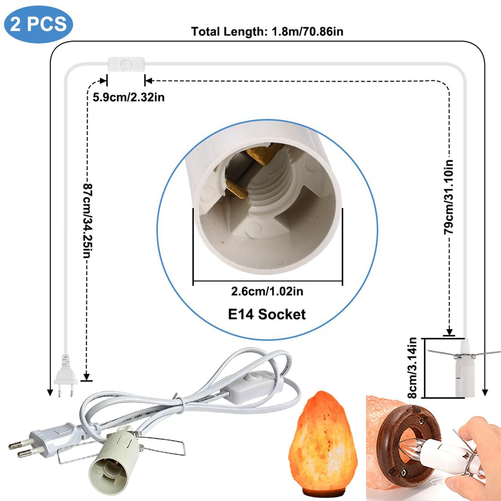 2 sztuki oprawki do lampy z kablem ze starym wiekiem, do lampy solnej L oprawka lampy E14, z kablem do lampy 1,8 m i przełącznikiem, oprawka e14 z przełącznikiem, wtyczka EU, do zawieszenia lampy